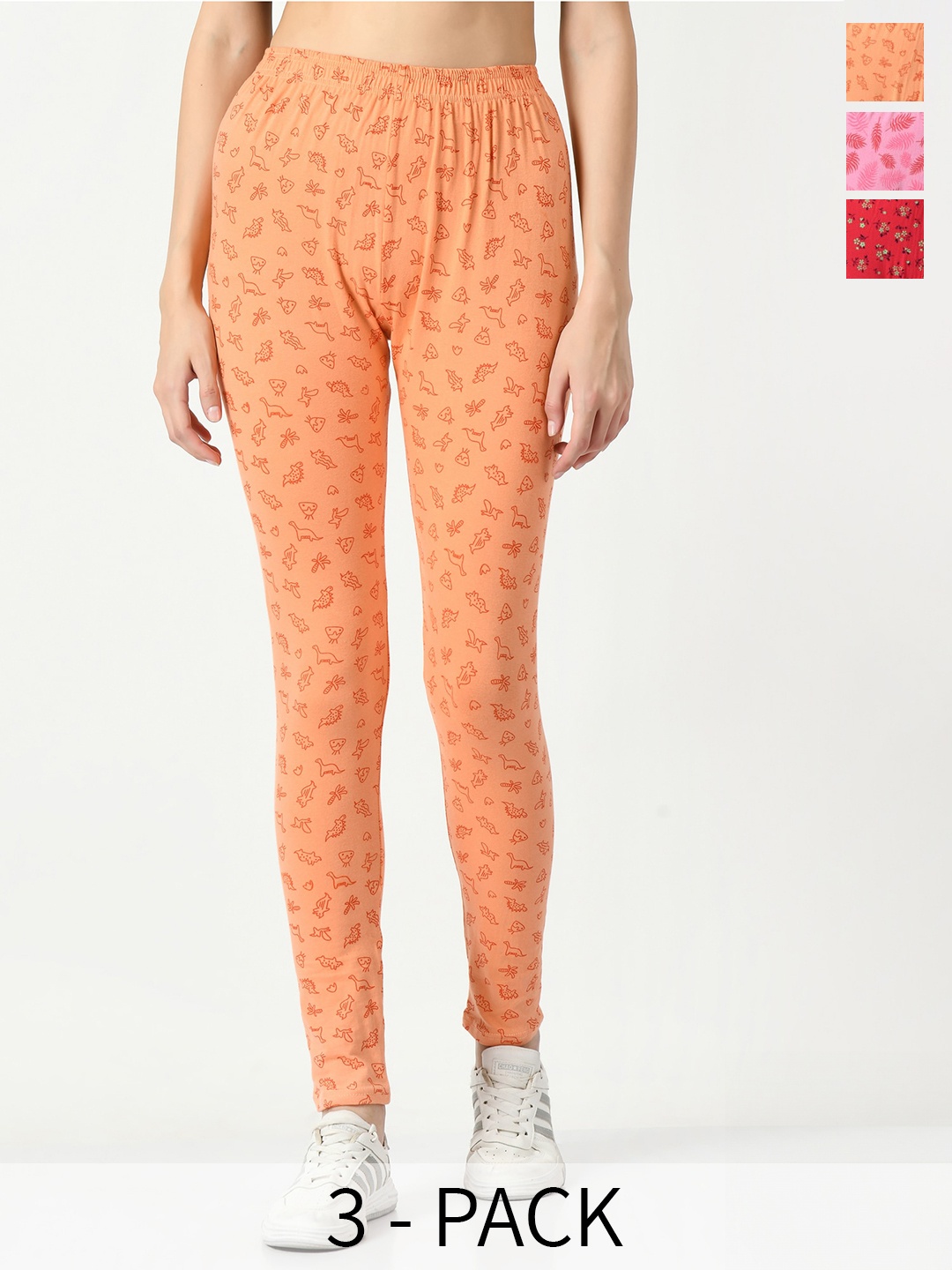 

BAESD Pack Of 3 Printed Slim-Fit Ankle Length Leggings, Orange