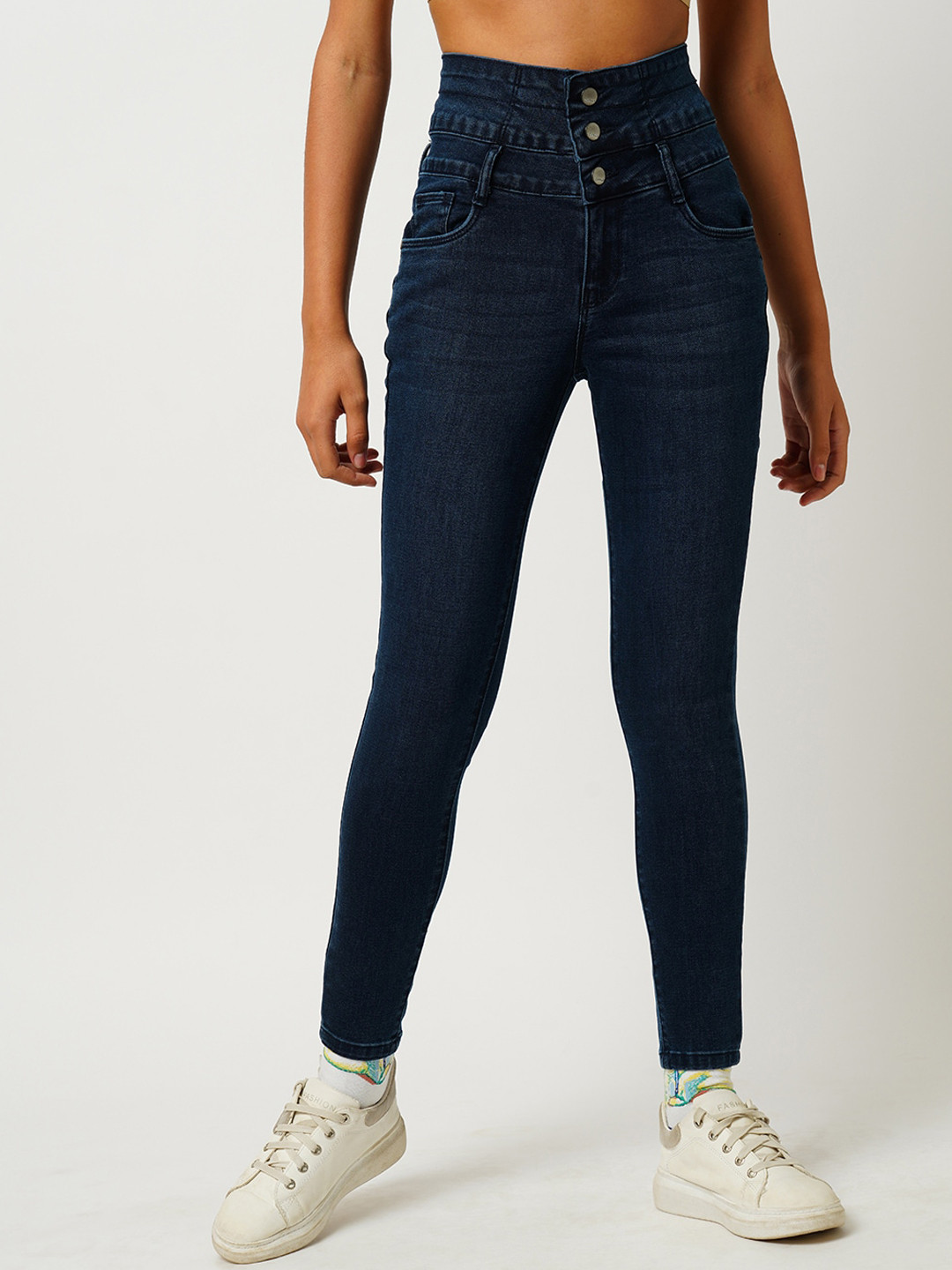 

Kraus Jeans Women Super Skinny Fit Whiskers & Chevrons High-Rise Stretchable Jeans, Blue