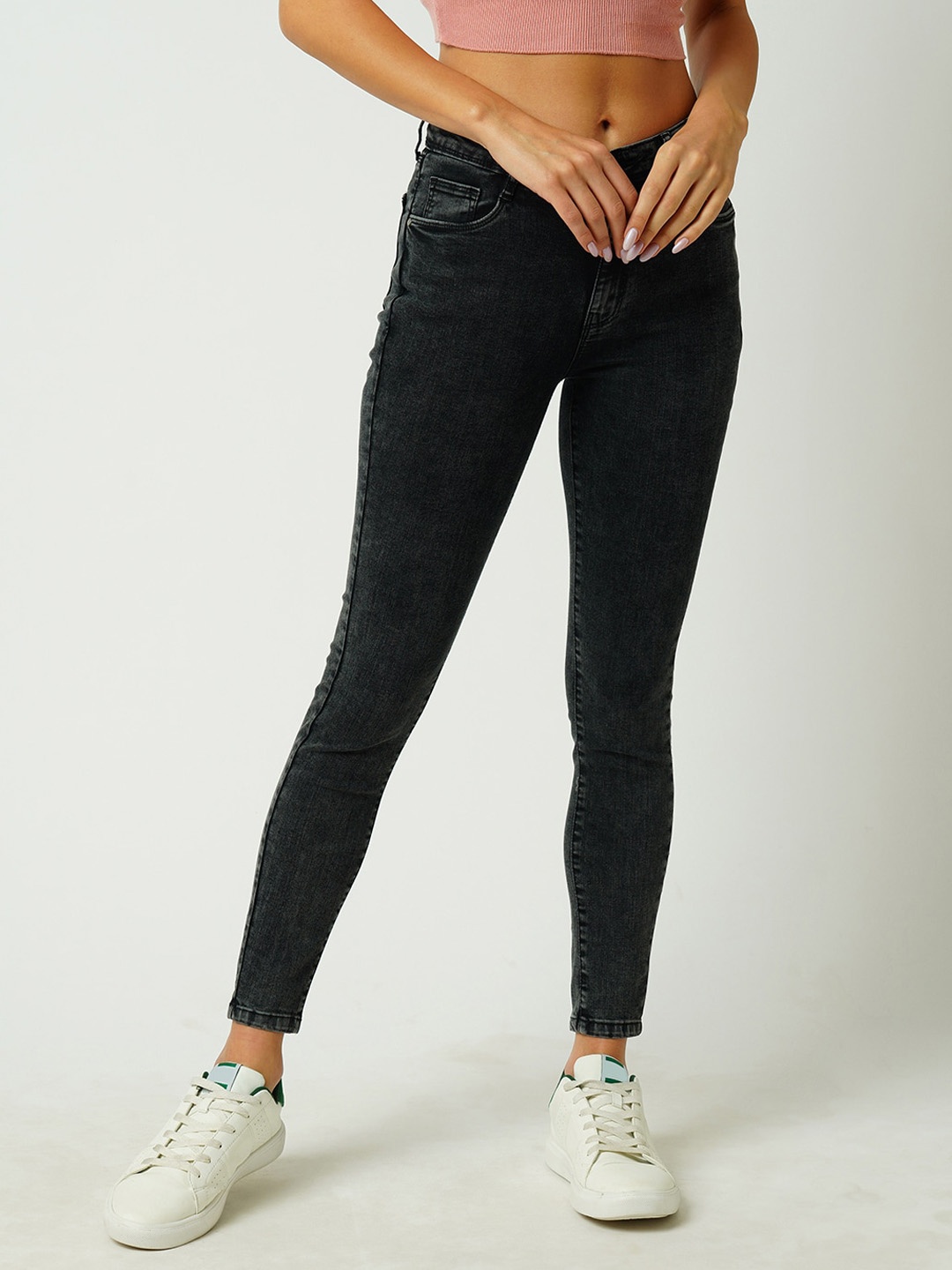 

Kraus Jeans Women Skinny Fit High-Rise Light Fade Stretchable Jeans, Black