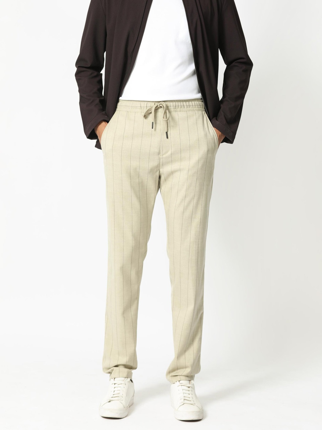 

RARE RABBIT Men Striped Mid Rise Slim Fit Trousers, Beige