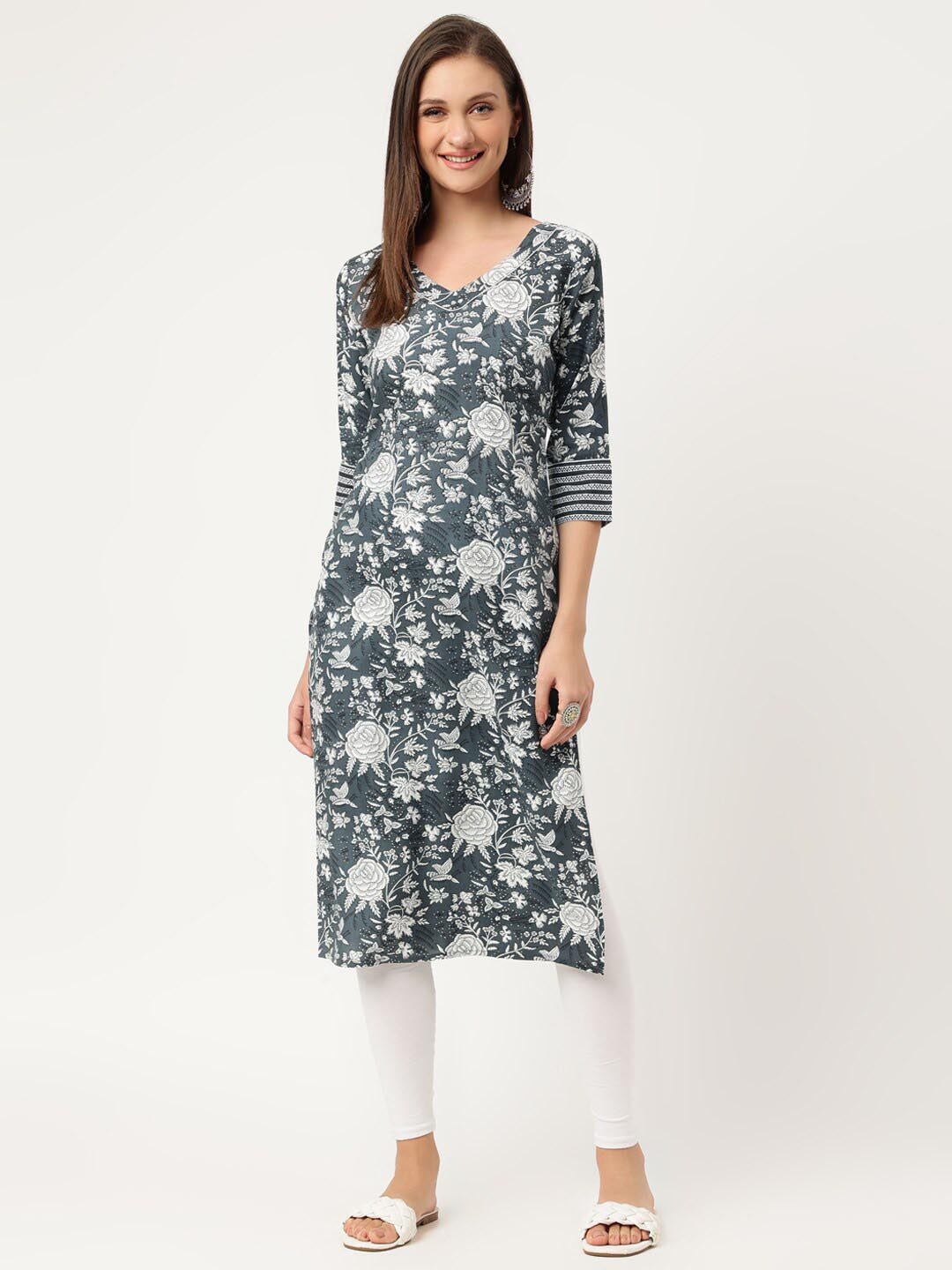

Rimeline Floral Printed V-Neck Kurta, Grey