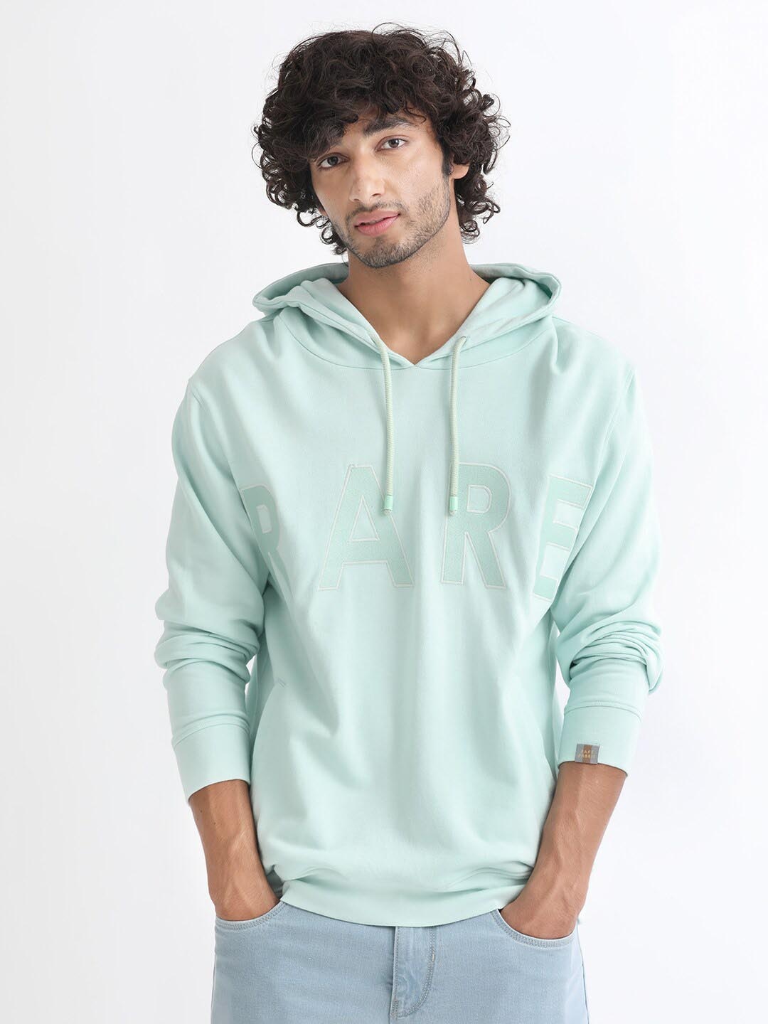 

RARE RABBIT Men April Typography Hooded Sweatshirt, Blue