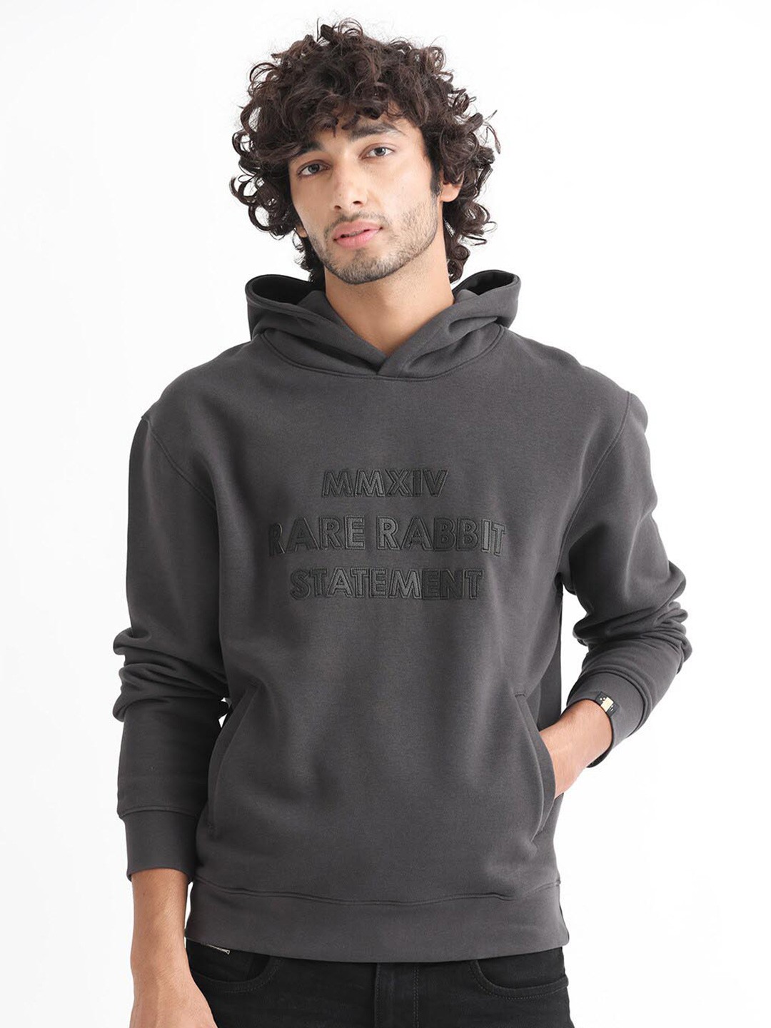 

RARE RABBIT Men Ether Applique Hooded Sweatshirt, Grey