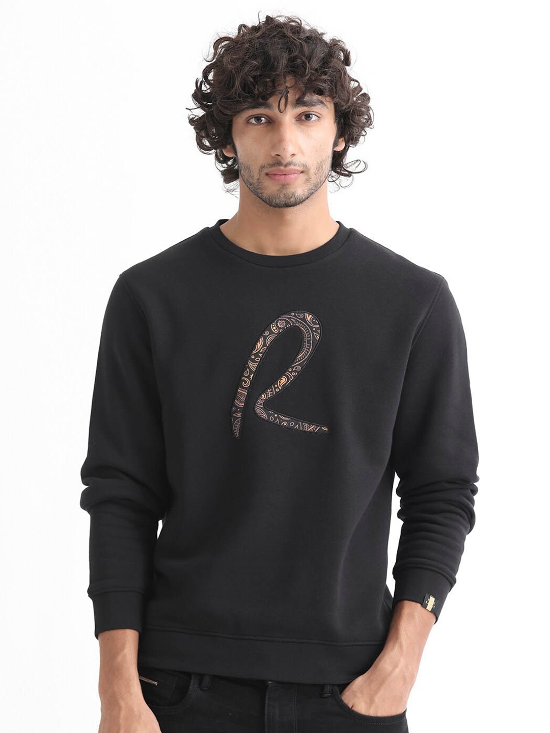 

RARE RABBIT Men Marcel Typography Printed Applique Sweatshirt, Black