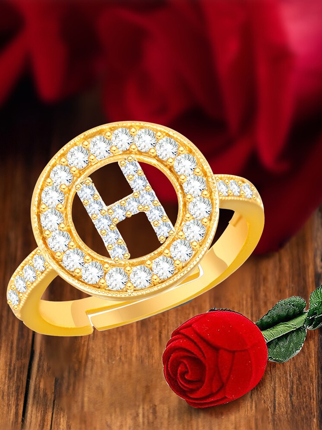 

MEENAZ Gold-Plated Cubic Zirconia Studded H Alphabet Adjustable Finger Ring