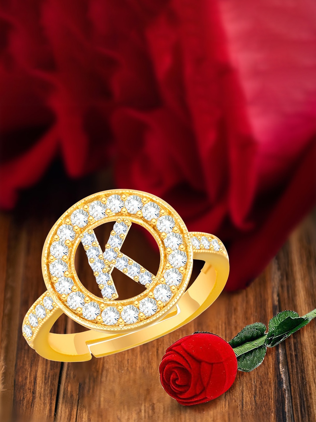 

MEENAZ Gold-plated Cubic Zirconia Studded K Alphabet Adjustable Finger Ring