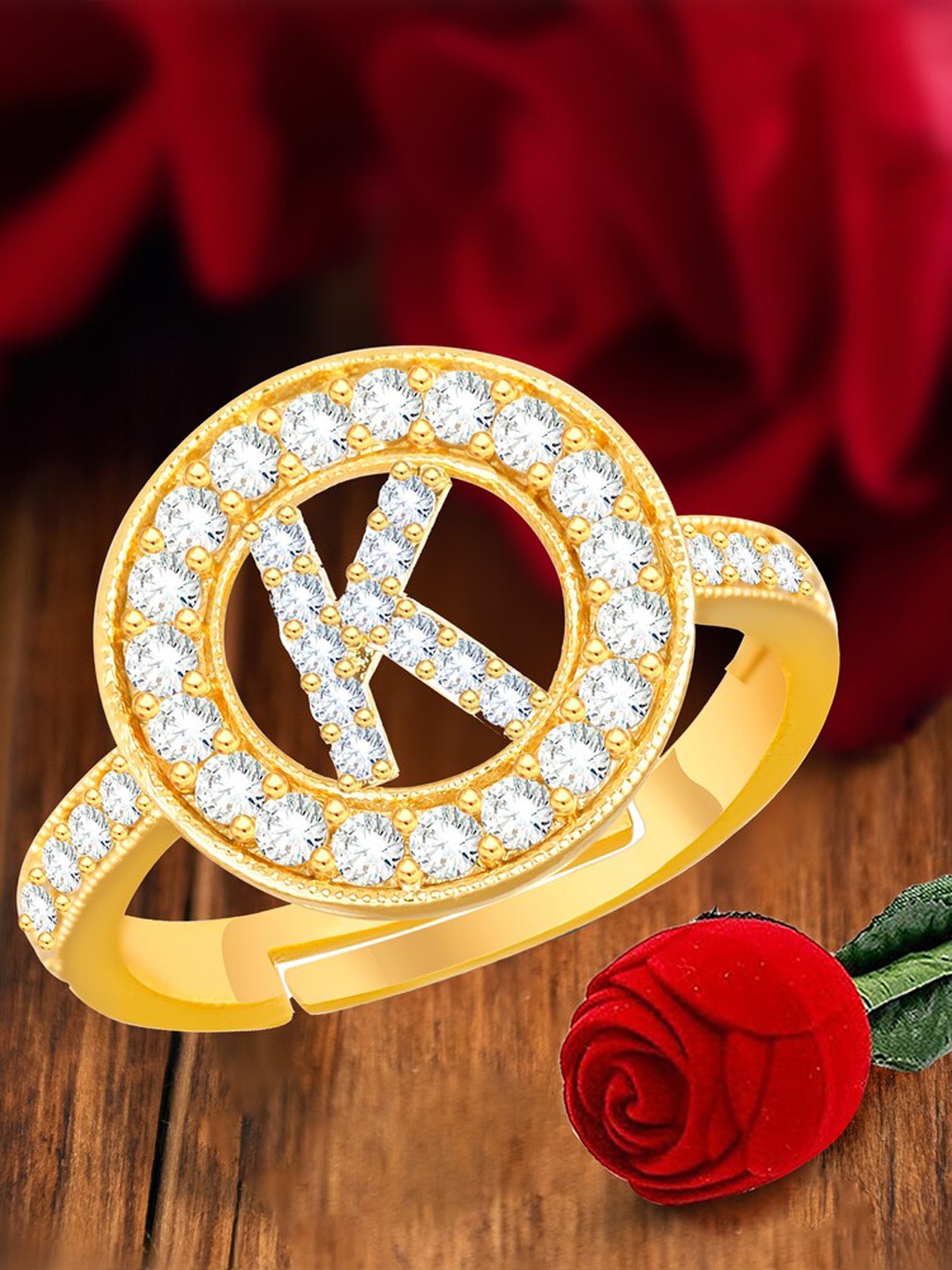 

MEENAZ Gold-Plated Cubic Zirconia Studded K Alphabet Adjustable Finger Ring