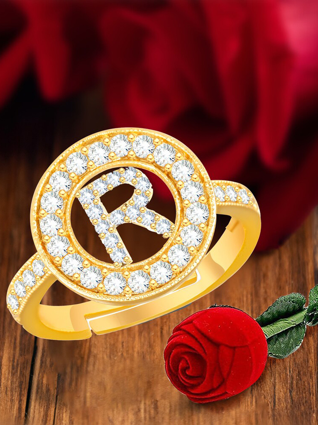 

MEENAZ Gold-Plated CZ Studded Adjustable Finger Ring