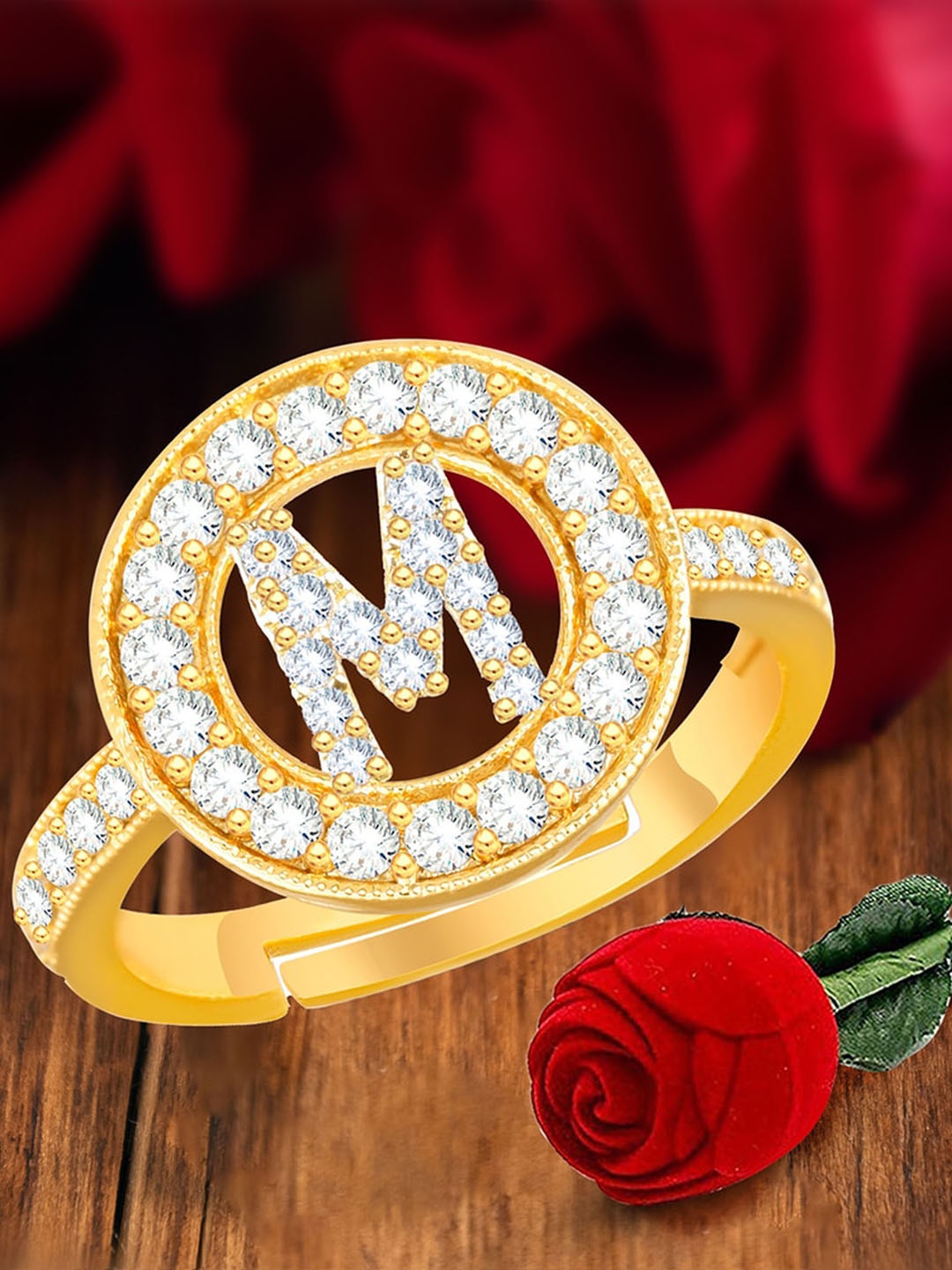 

MEENAZ Gold-Plated CZ Studded Adjustable Finger Ring