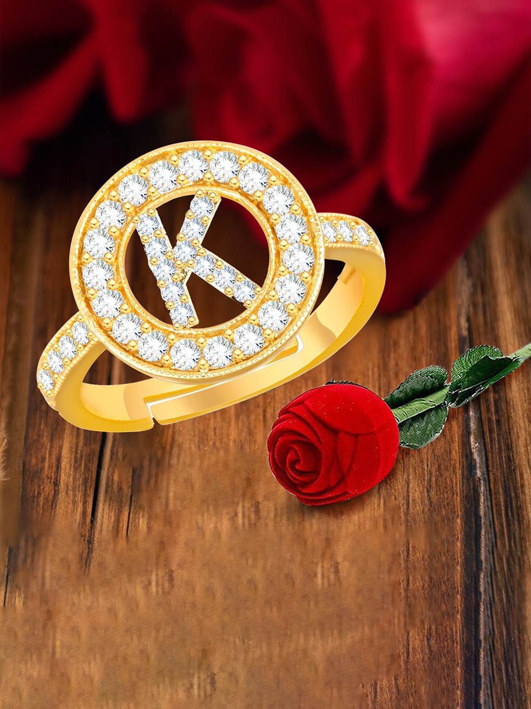 

MEENAZ Gold-Plated CZ-Studded K Alphabet Adjustable Ring