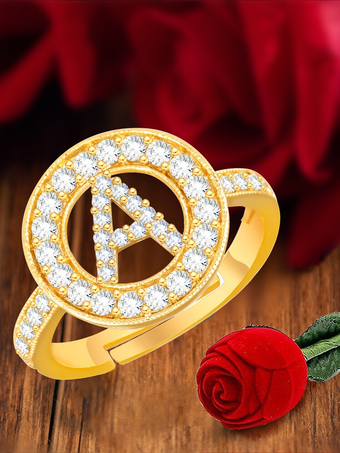 

MEENAZ Gold-Plated CZ-Studded A Alphabet Adjustable Ring