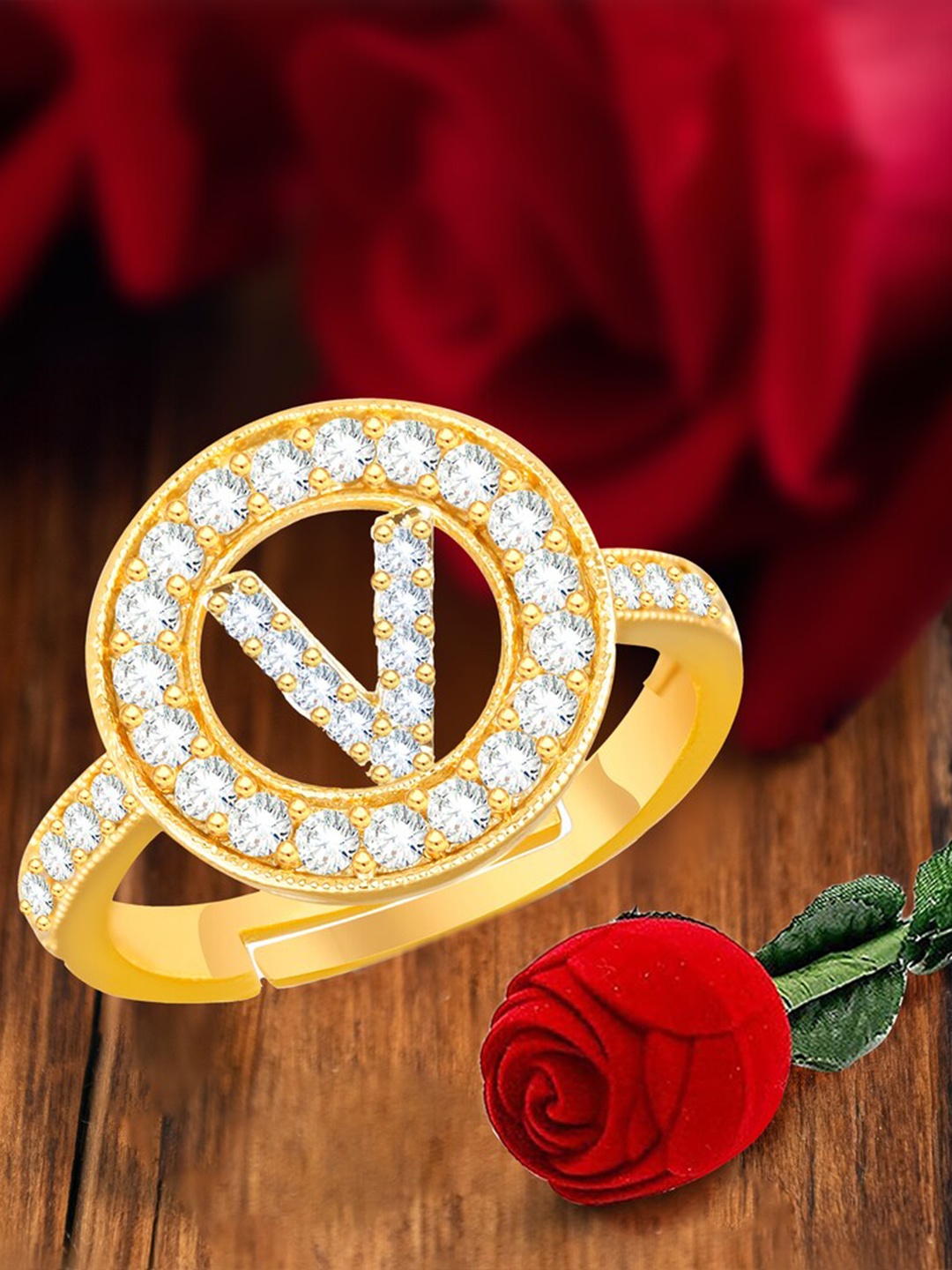 

MEENAZ Gold-plated CZ-studded V Alphabet Adjustable Finger Ring