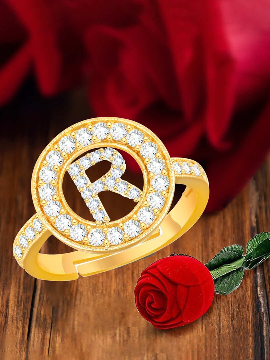 

MEENAZ Gold-plated CZ-studded R Alphabet Adjustable Finger Ring
