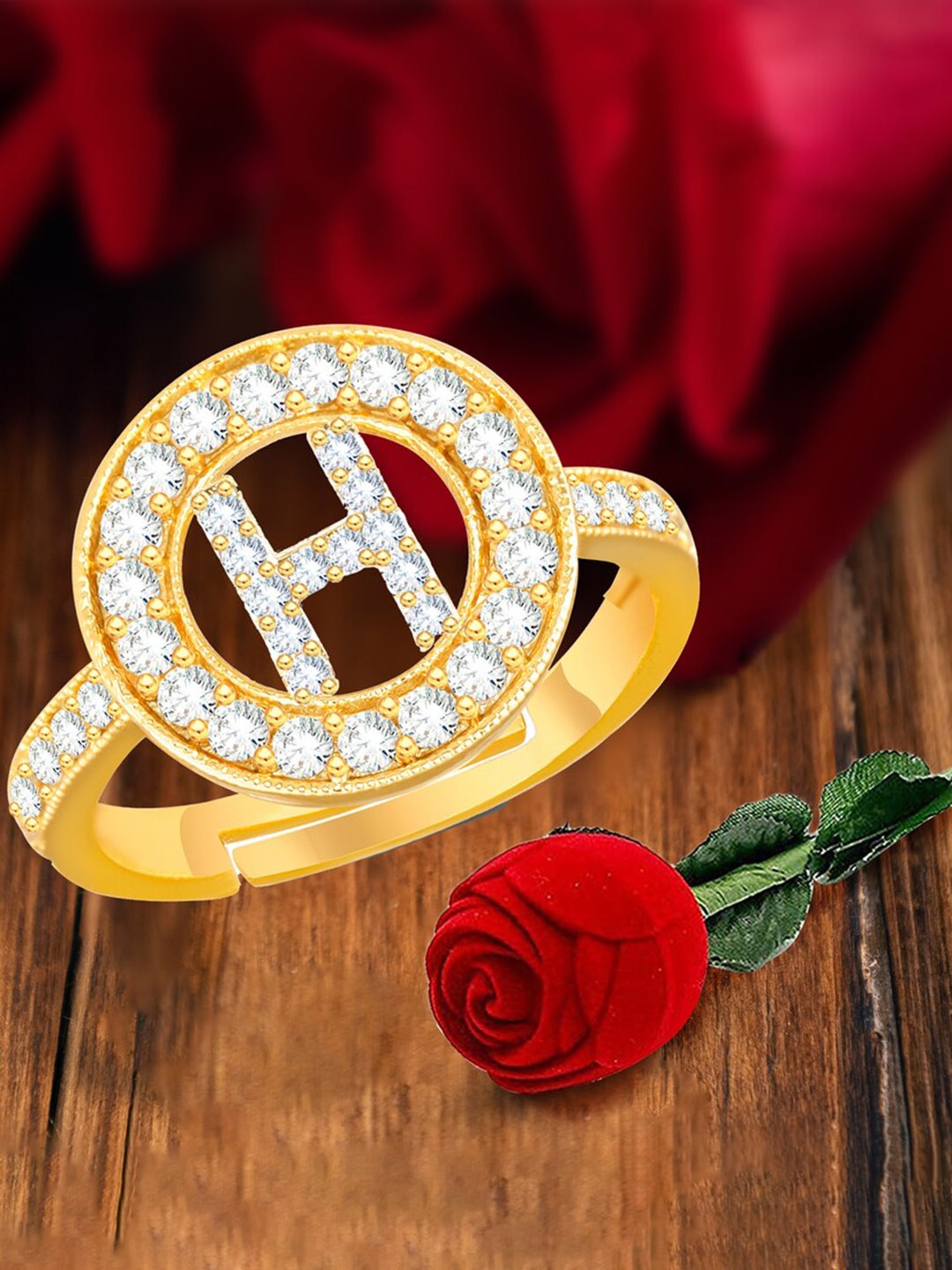 

MEENAZ Gold-plated CZ-studded H Alphabet Adjustable Finger Ring