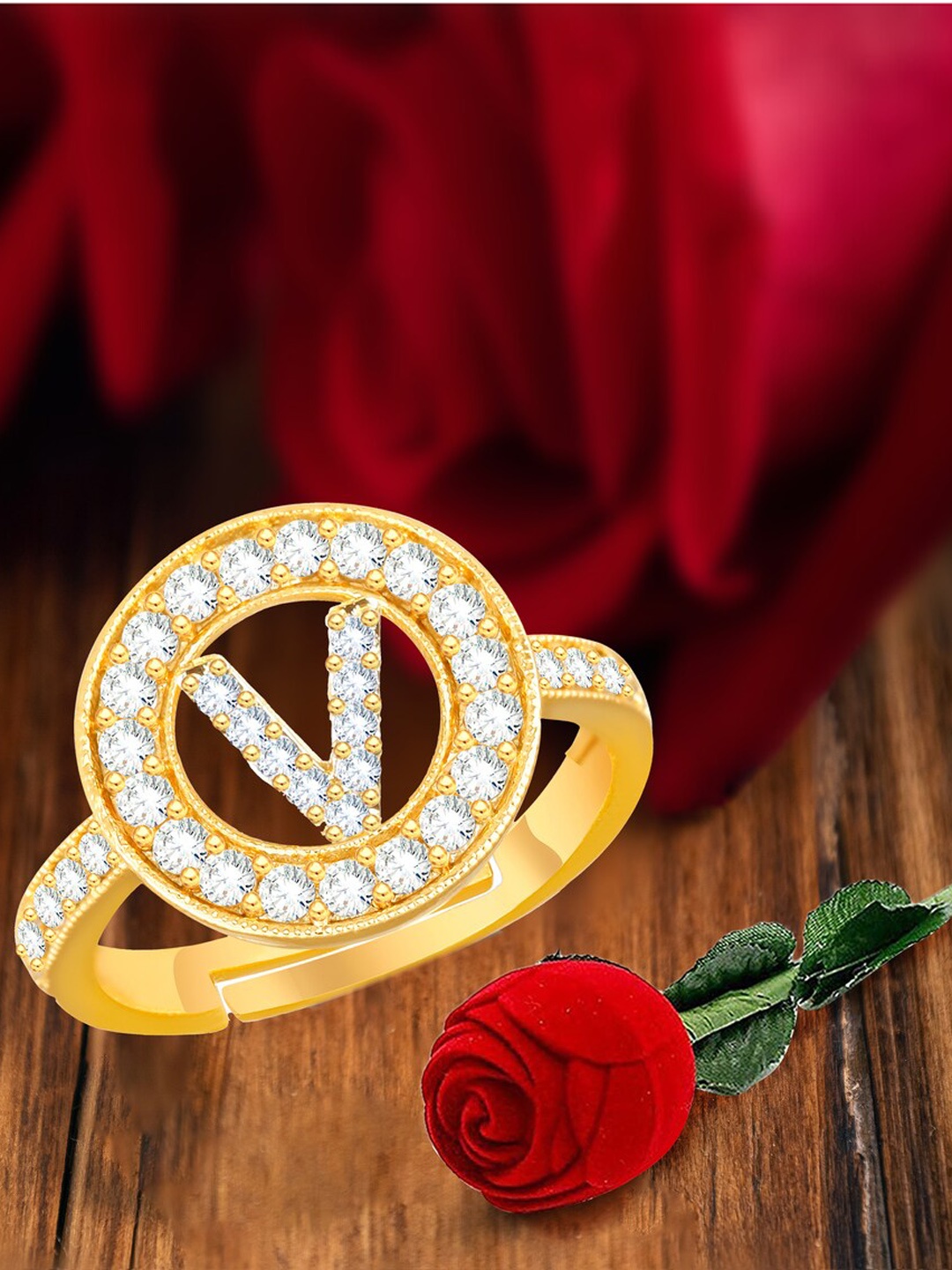 

MEENAZ Gold-Plated CZ Studded Adjustable Finger Ring