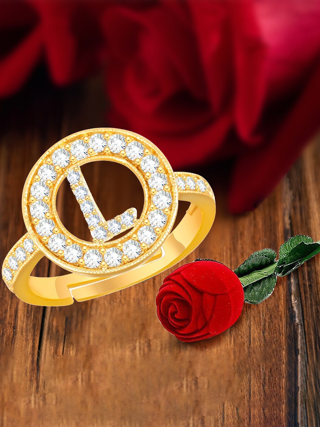 

MEENAZ Gold-Plated CZ-Studded L Alphabet Adjustable Ring