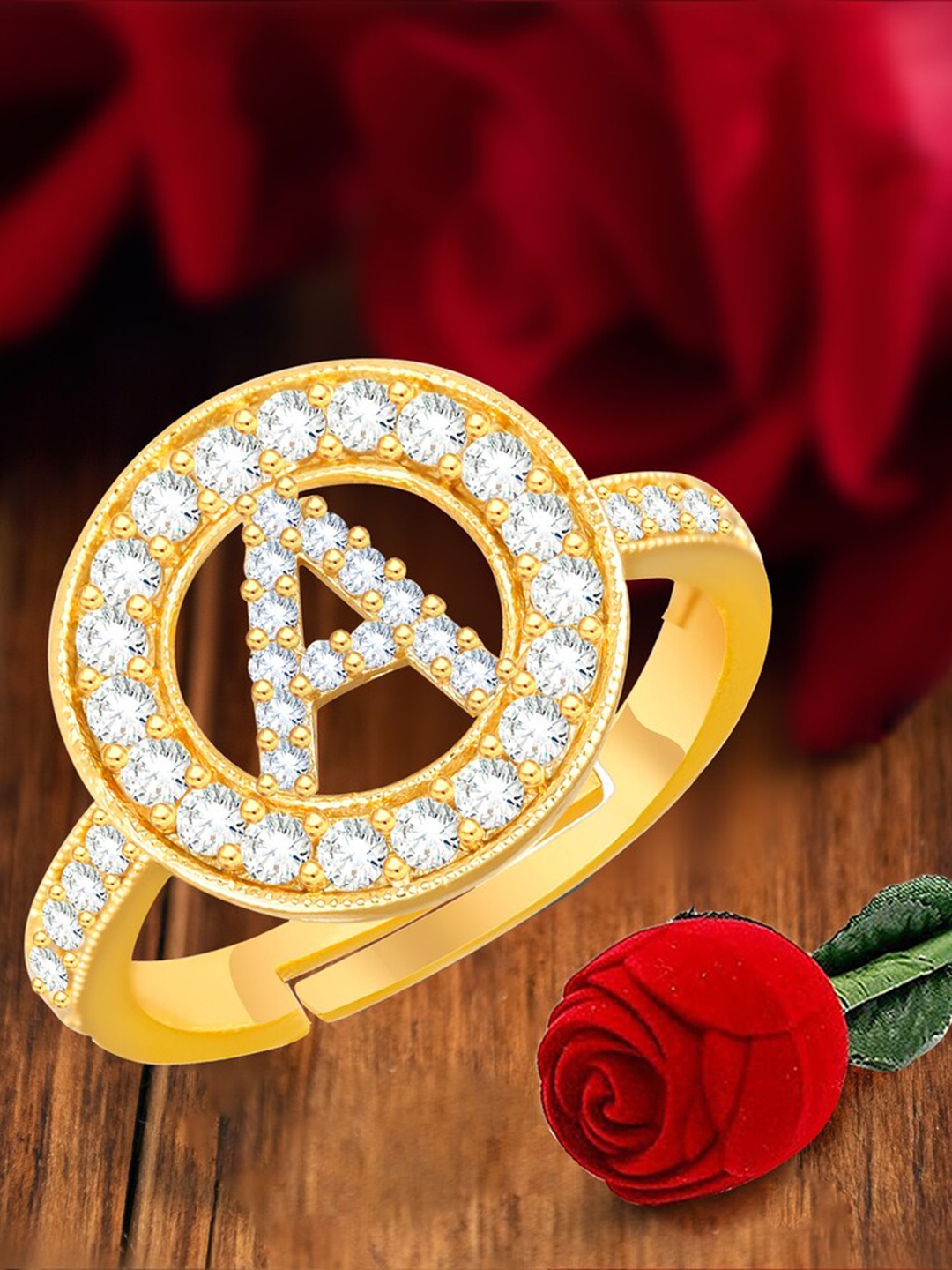 

MEENAZ Gold-Plated CZ Studded Adjustable Finger Ring