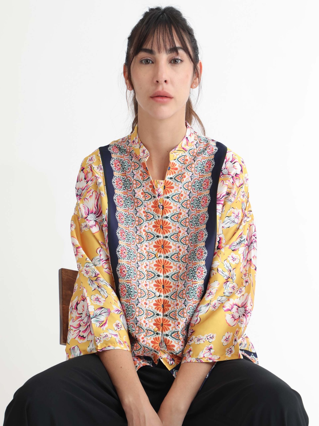

RAREISM Floral Printed Regular Bandana Print Satin Shirt, Yellow