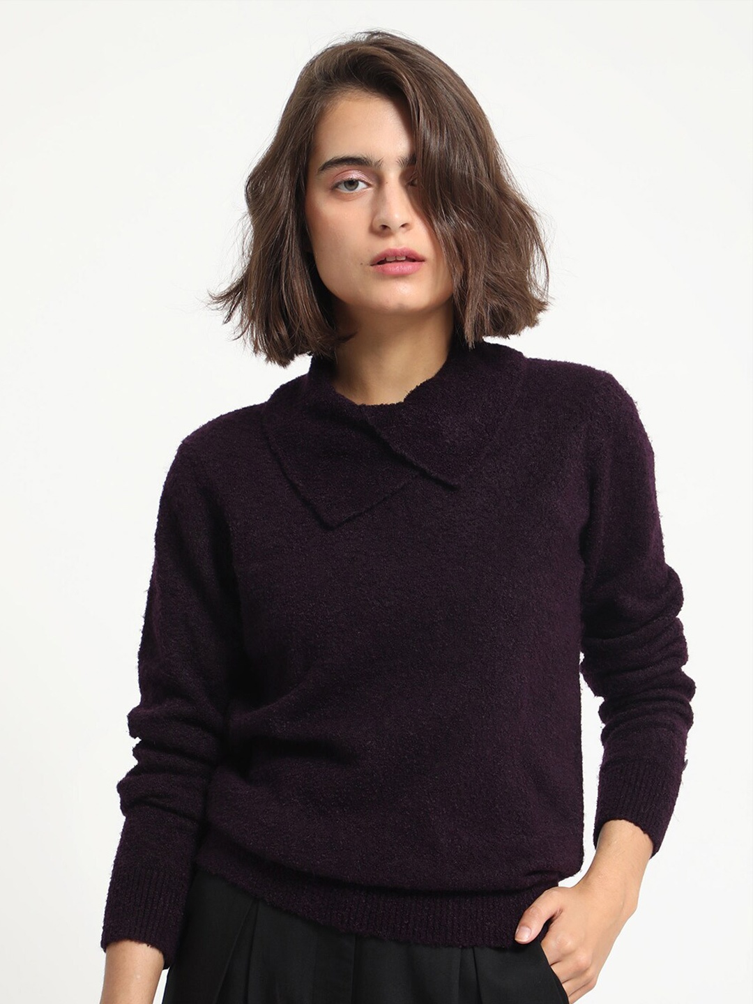 

RAREISM Peter Pan Collar Draped Neck Ribbed Acrylic Formal Pullover, Purple