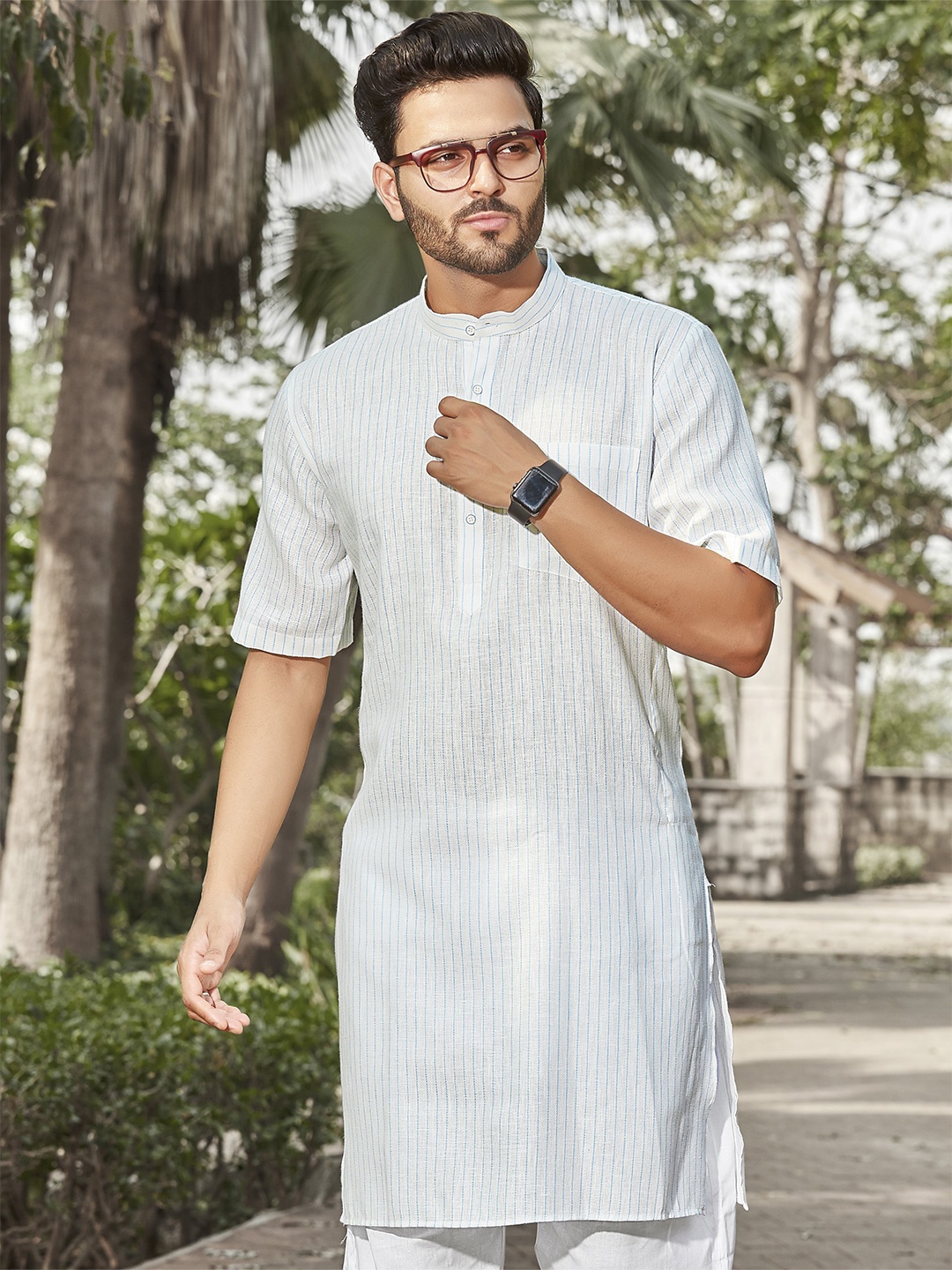 

Authentics Striped Band Collar Cotton Straight Kurta, White