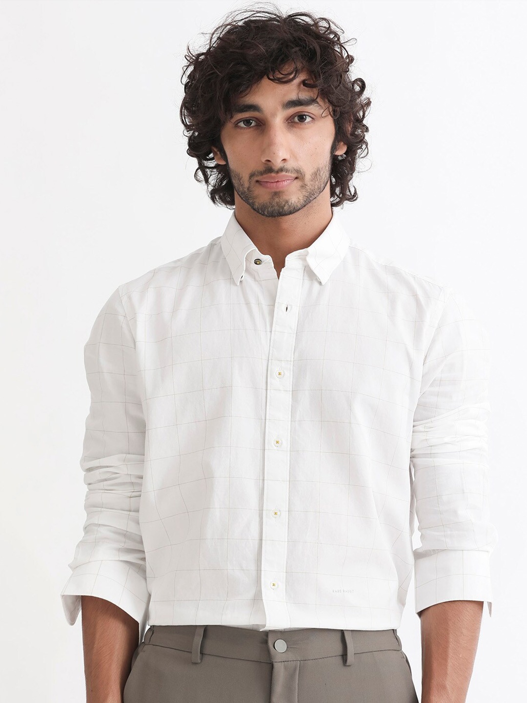 

RARE RABBIT Men Join Slim Fit Checked Cotton Shirt, White