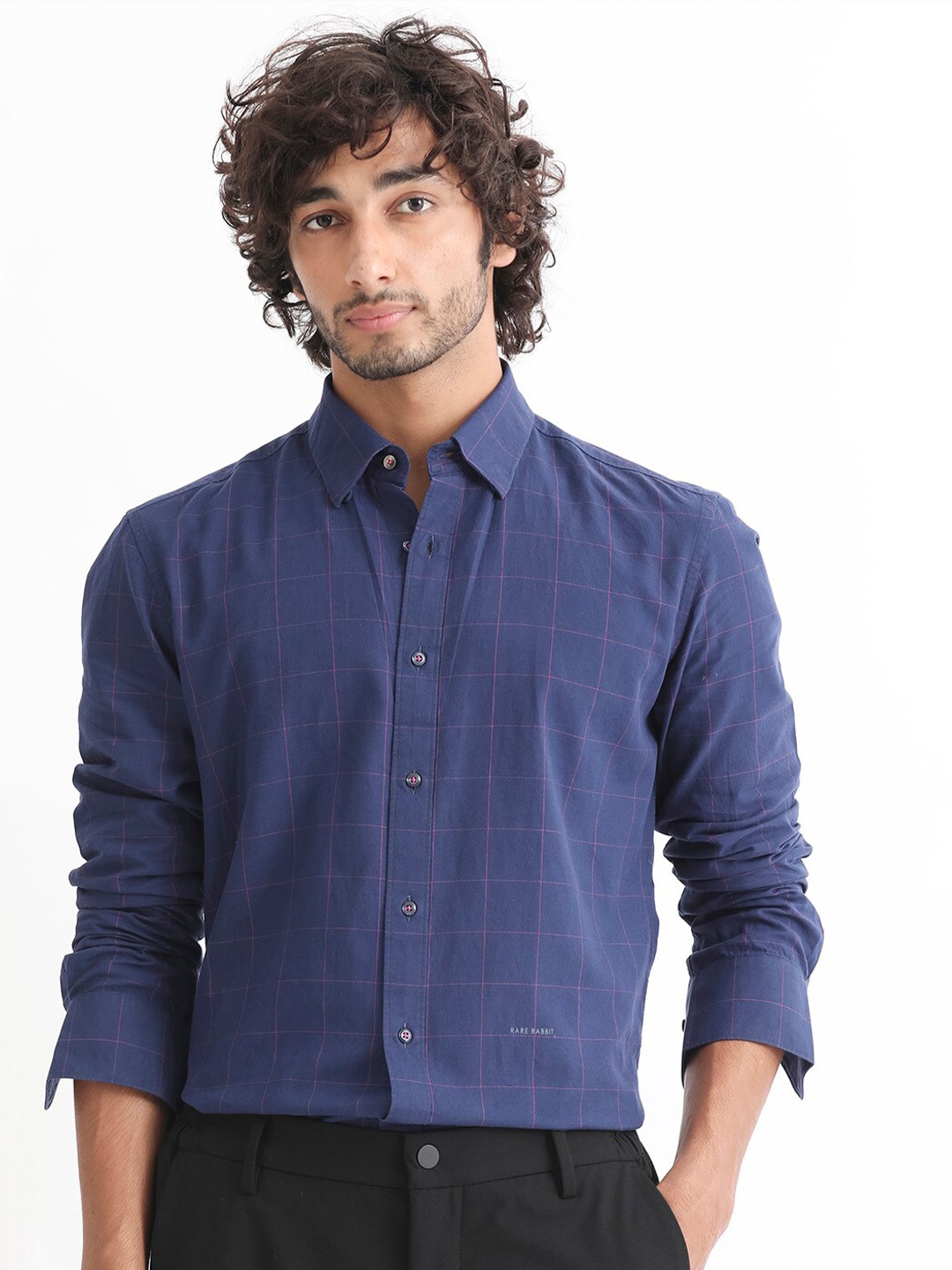 

RARE RABBIT Men Join Slim Fit Checked Cotton Shirt, Navy blue