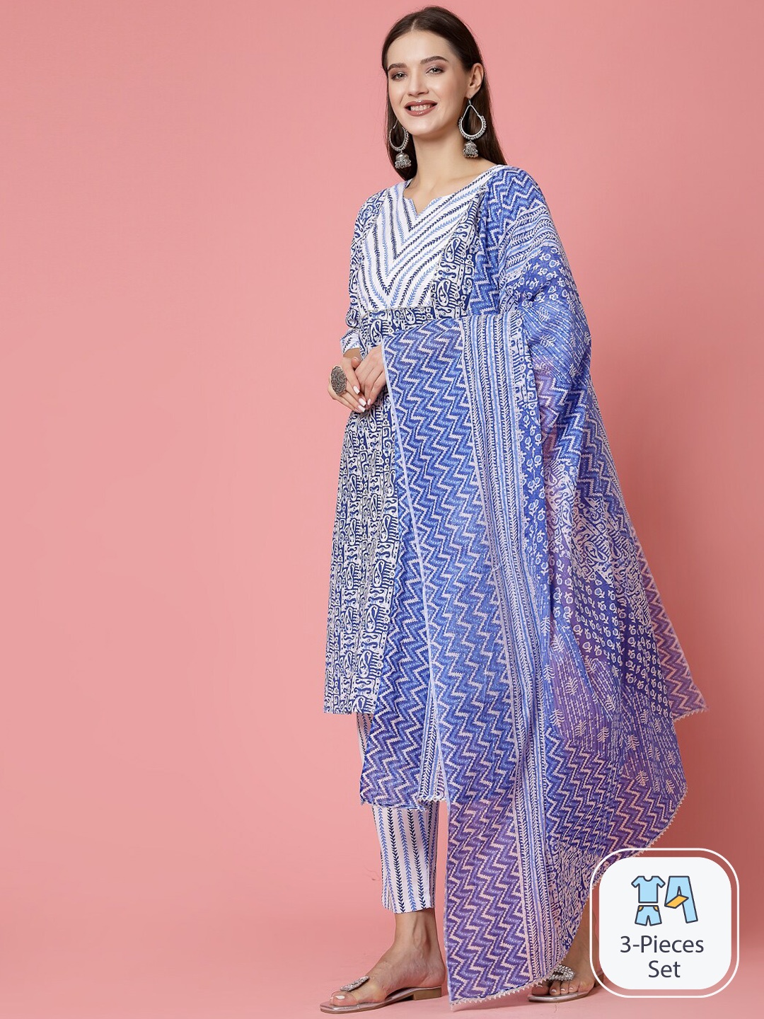 

Molly & Michel Paisley Printed Pure Cotton Straight Kurta & Trousers With Dupatta, Blue