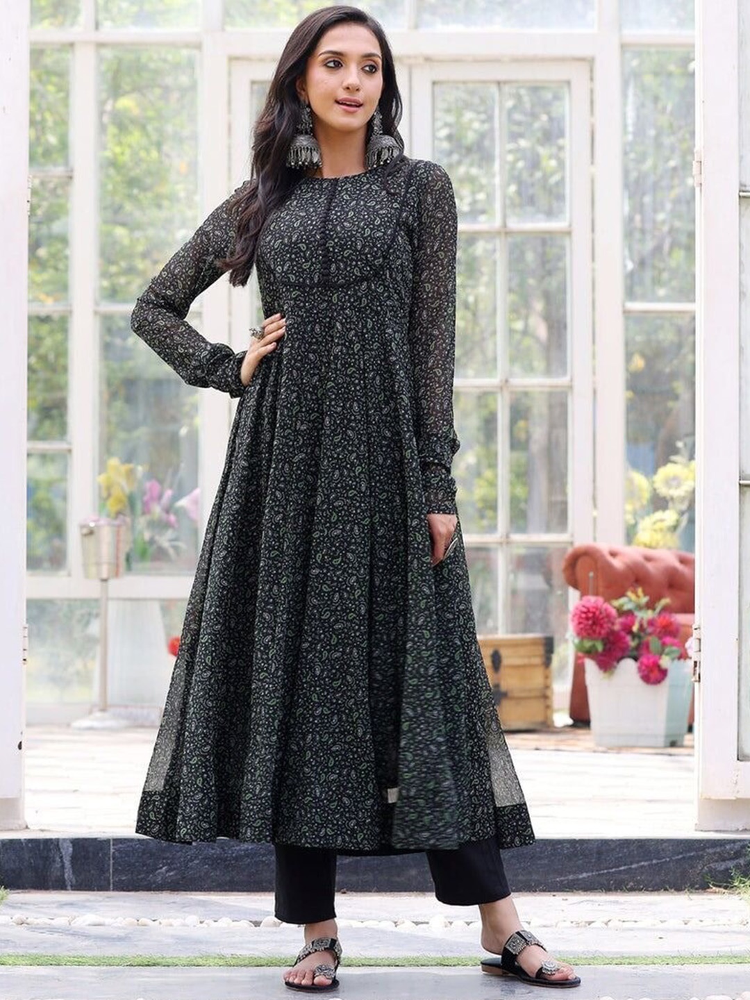 

KALINI Paisley Printed Georgette Maxi Ethnic Dress, Black