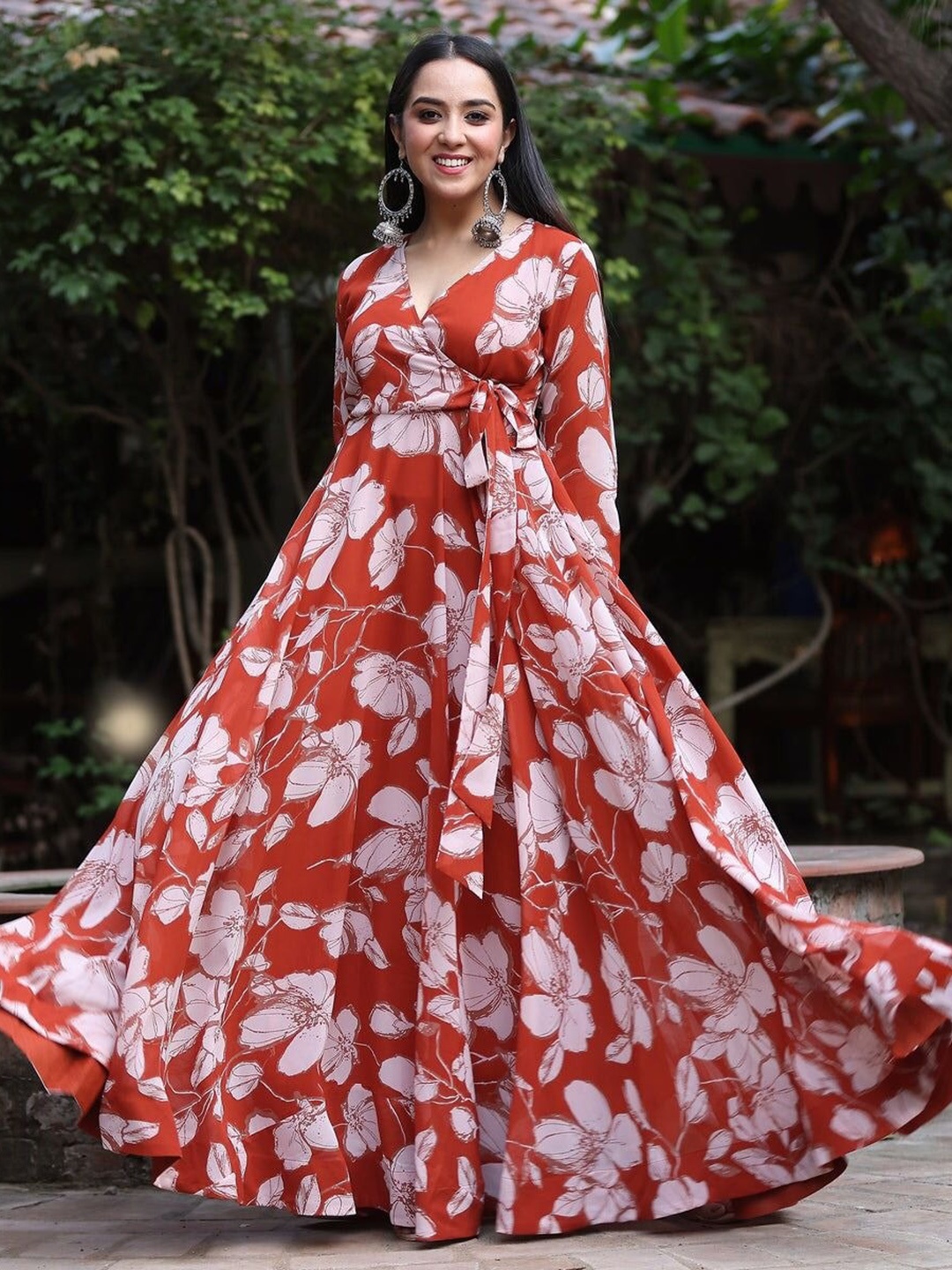 

KALINI Floral Printed Flared Maxi Wrap Ethnic Dress, Red