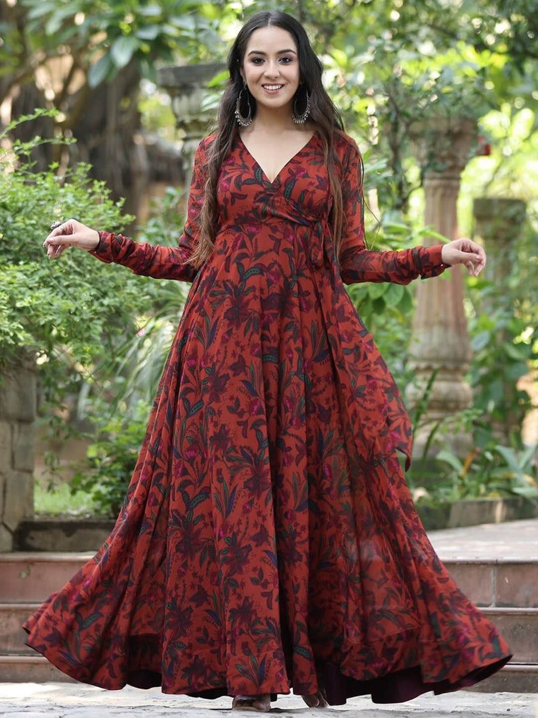 

KALINI Floral Printed Flared Maxi Wrap Ethnic Dress, Red