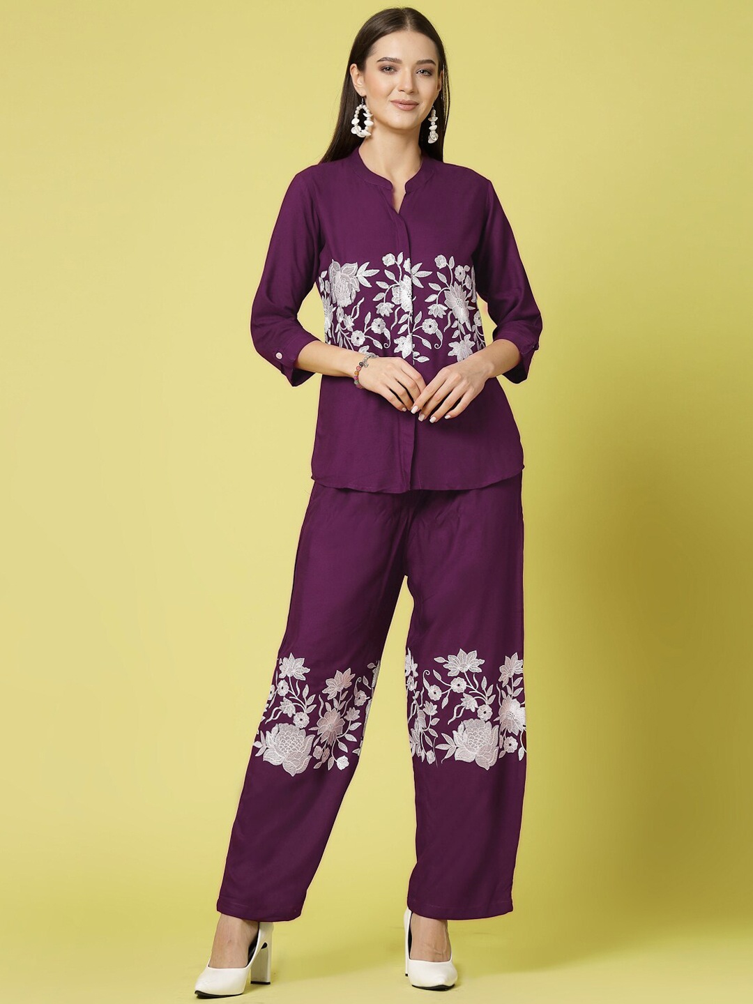 

Molly & Michel Embroidered Pure Cotton Top & Trousers, Purple