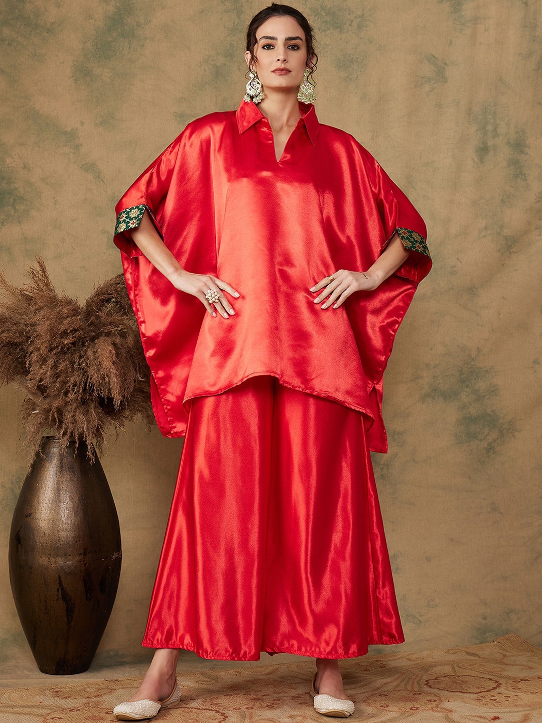 

InWeave Shirt Collar Satin Kaftan Tunic With Palazzos, Red