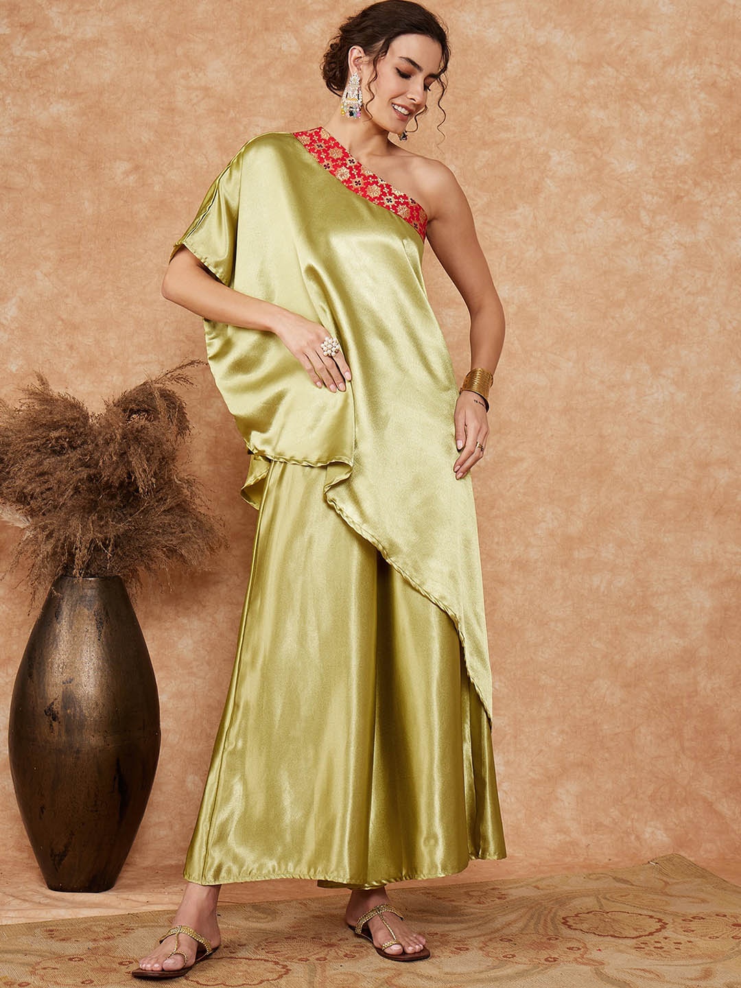 

InWeave One Shoulder Regular Satin Kurta With Palazzos, Olive