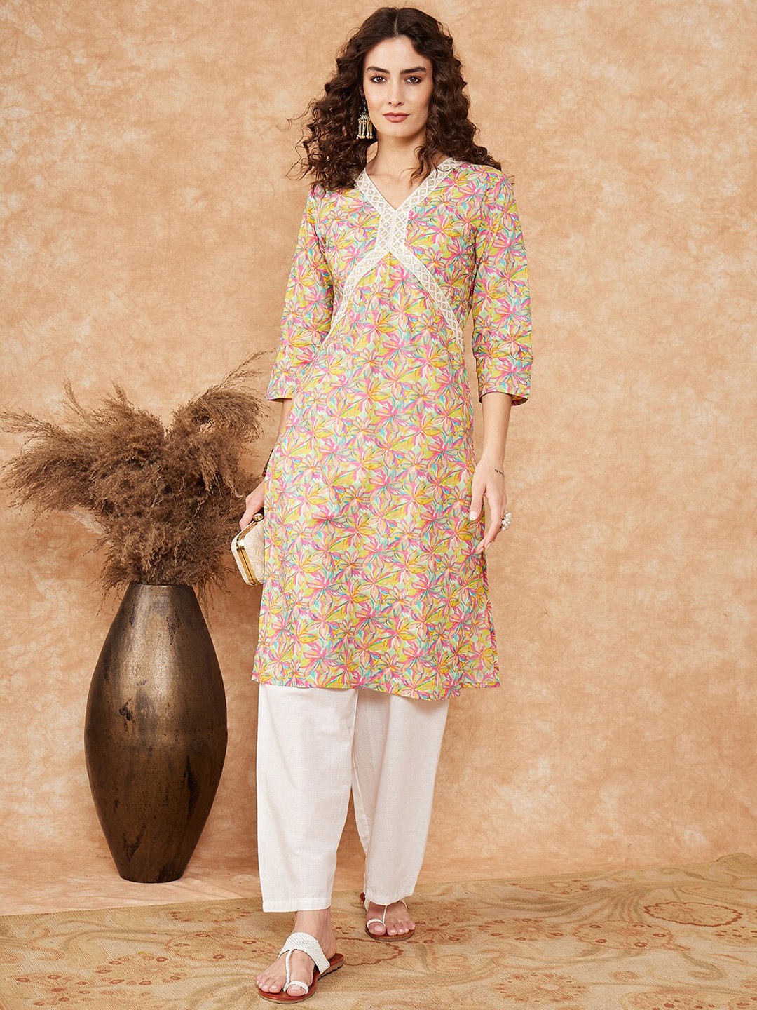 

InWeave Floral Printed Laced Cotton Straight Kurta, Yellow