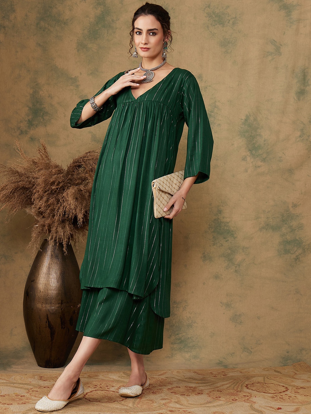 

InWeave Striped Empire High Low Kurta with Palazzos, Green