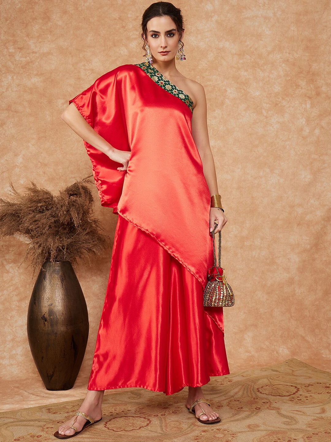 

InWeave One Shoulder Satin Regular A-Line Kurta With Palazzos, Red