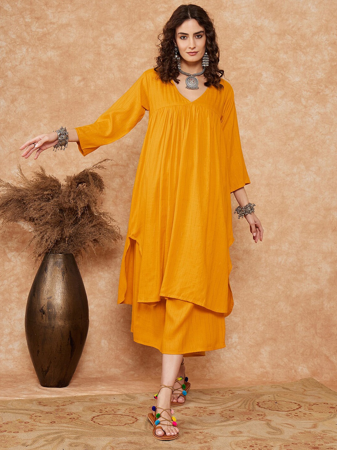 

InWeave Striped V-Neck Regular Kurta With Palazzos, Mustard
