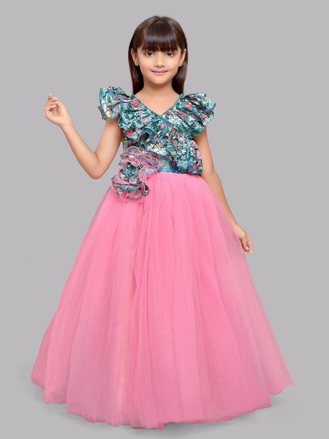 

Pink Chick Girls Floral Printed Ruffled Maxi Tulle Gown, Green