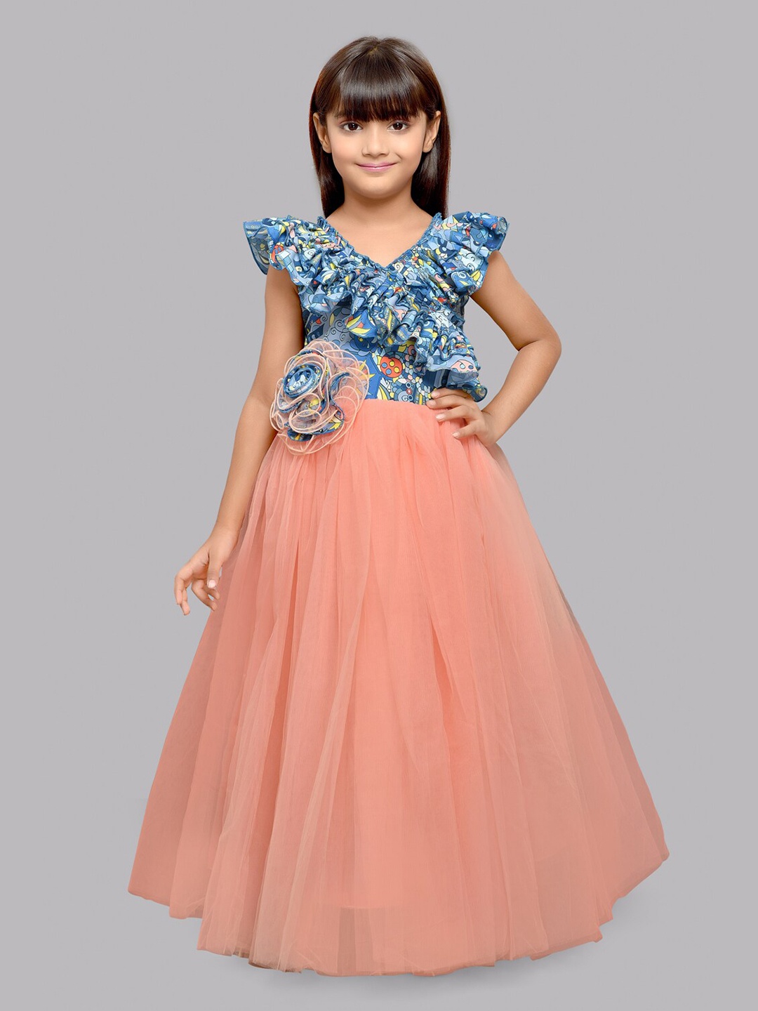 

Pink Chick Girls Floral Printed Ruffled Maxi Tulle Gown, Blue