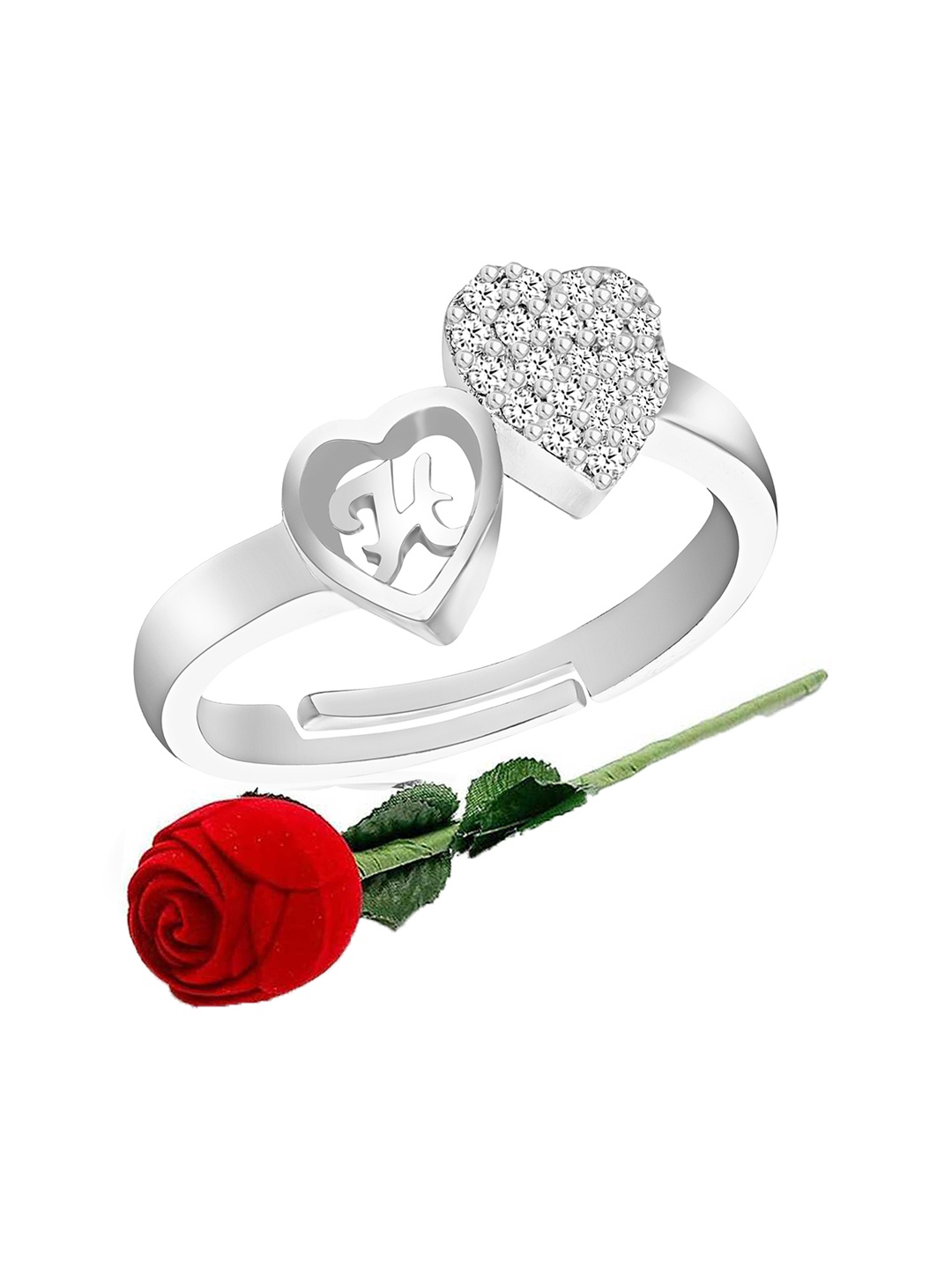 

MEENAZ Silver-Plated Cubic Zirconia Studded Adjustable Finger Ring With Rose Box