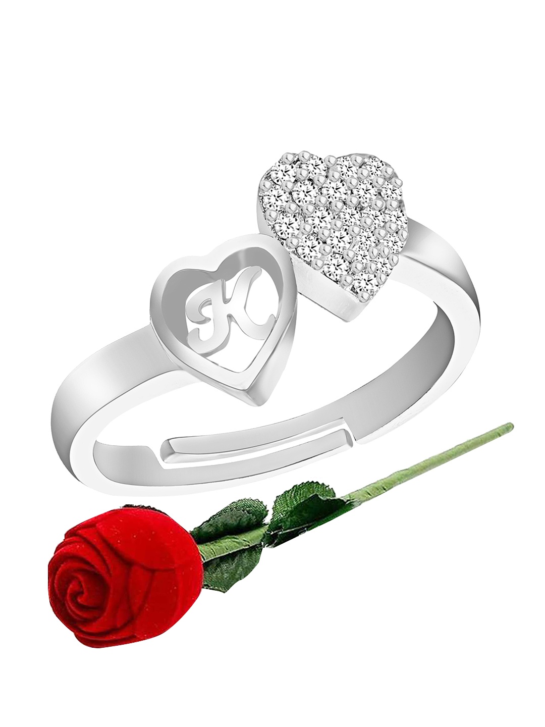 

MEENAZ Silver-Plated CZ Studded Adjustable Finger Ring With Rose Box