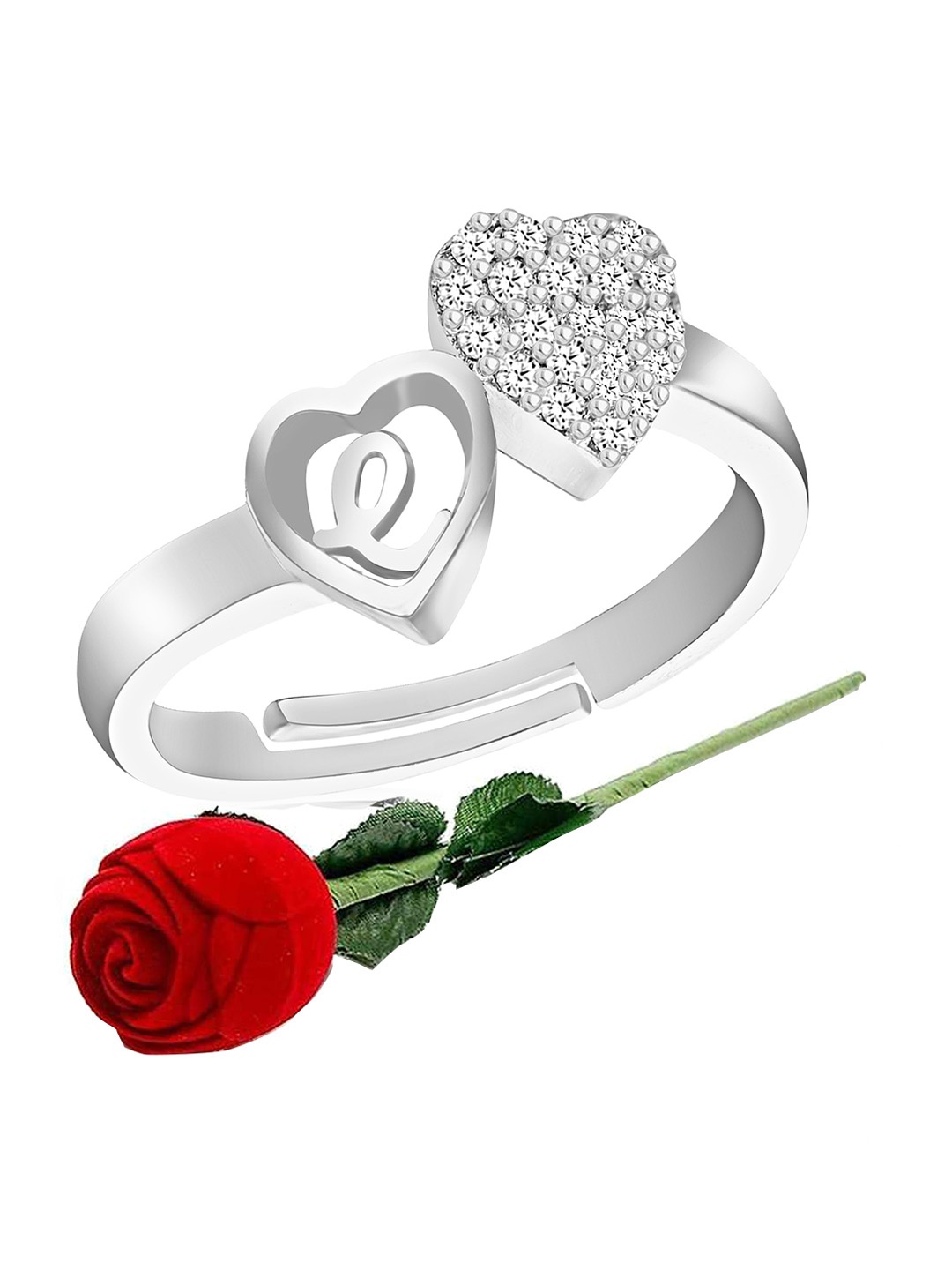 

MEENAZ Silver-Plated CZ Studded Adjustable Finger Ring With Rose Box