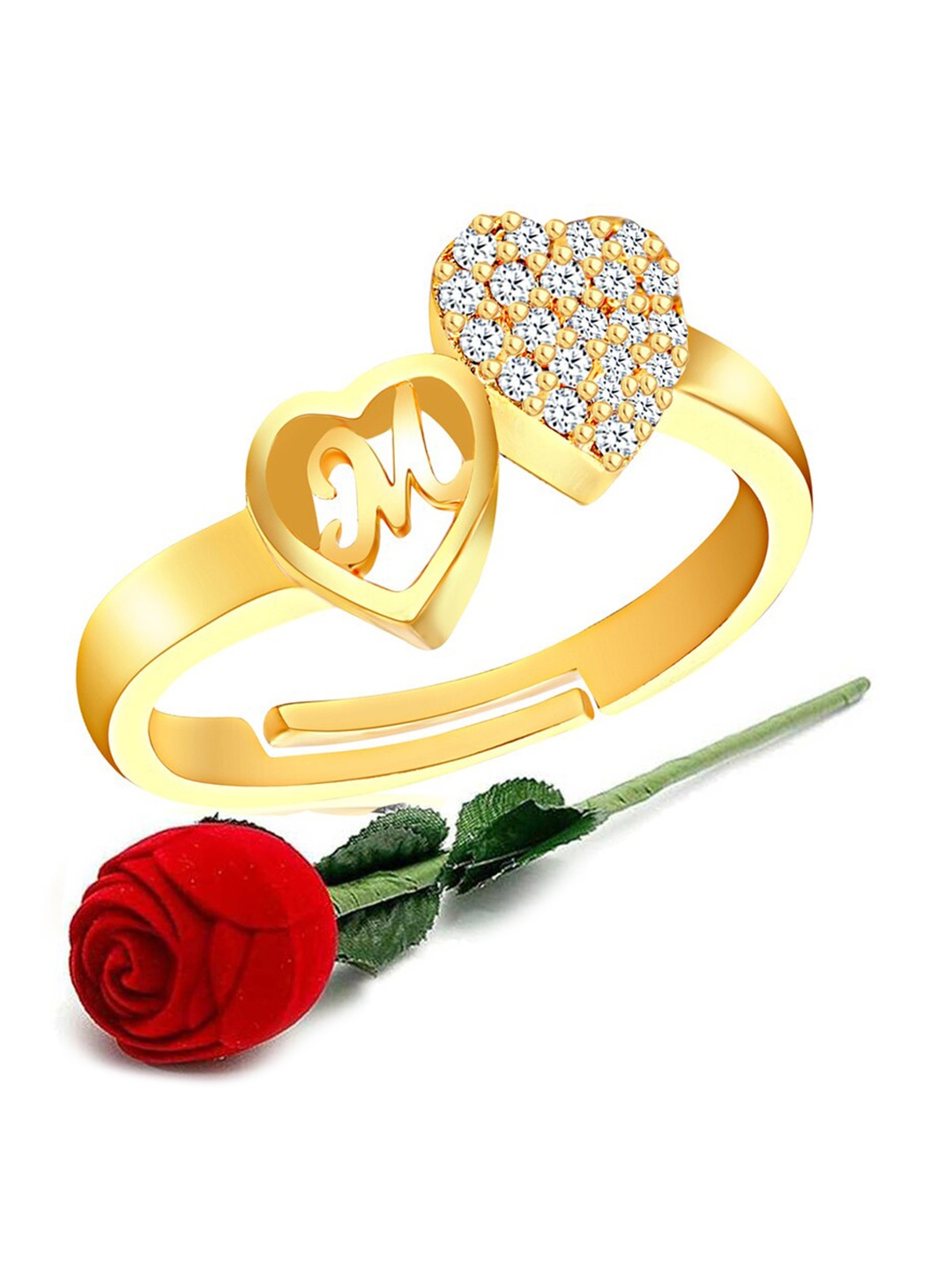 

MEENAZ Gold-Plated CZ Studded Adjustable Finger Ring With Rose Box