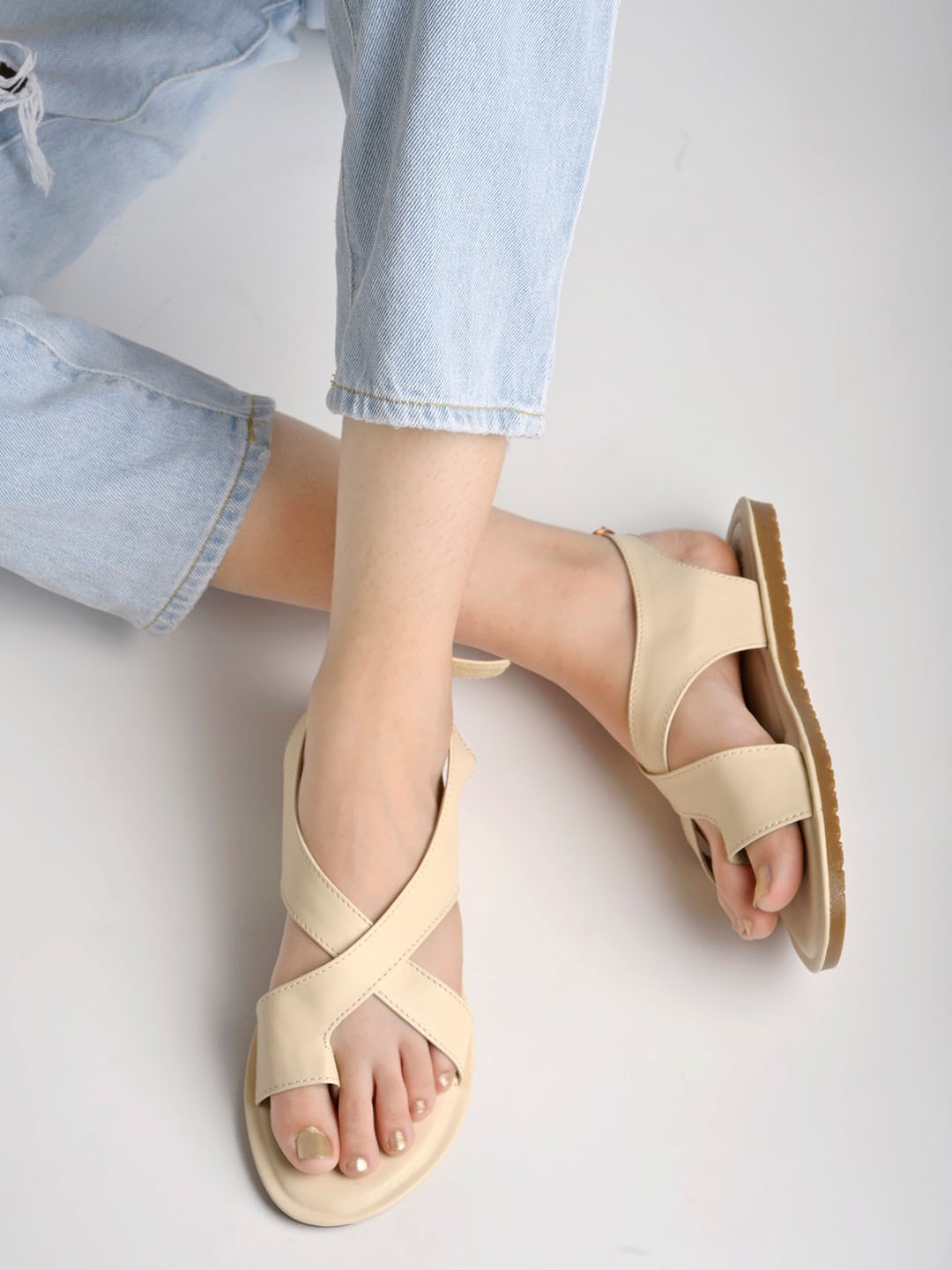 

Shoetopia Girls Cross Strap One Toe Flats With Buckle Closure, Cream