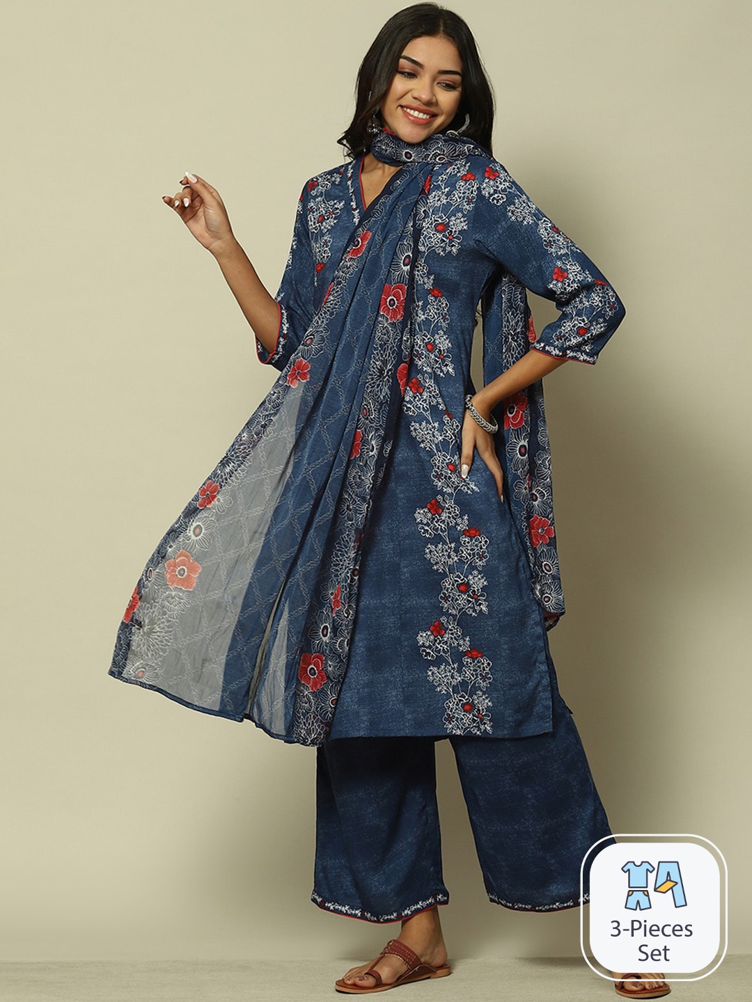 

Rangriti Floral Printed V-Neck Kurta with Palazzos, Blue