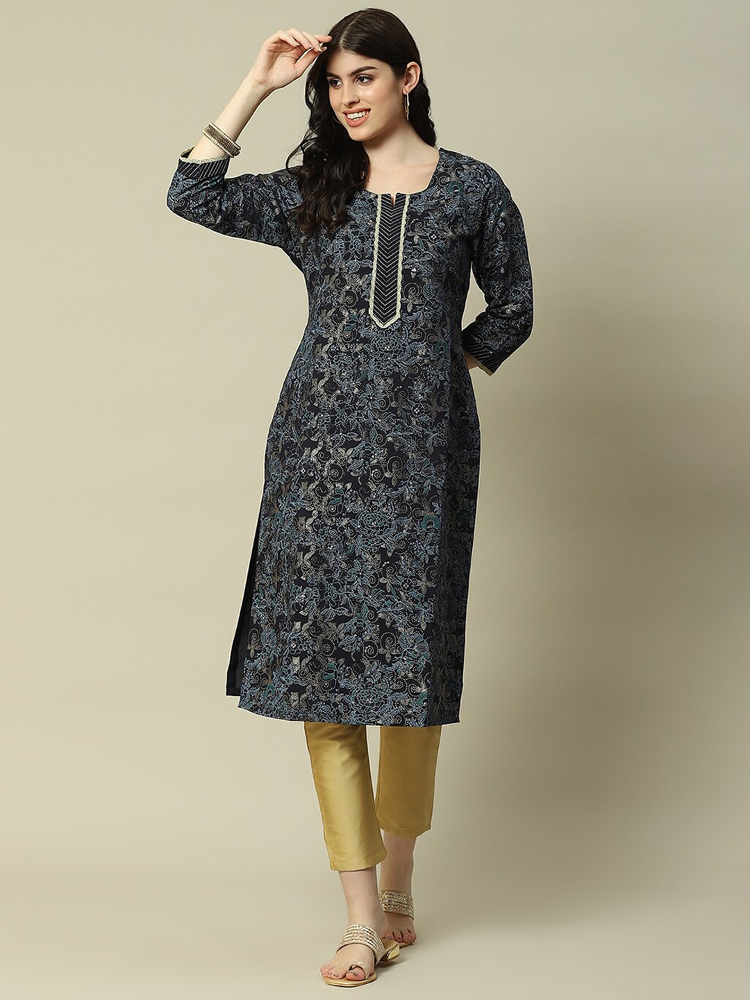 

Rangriti Ethnic Motifs Printed Straight Kurta, Blue