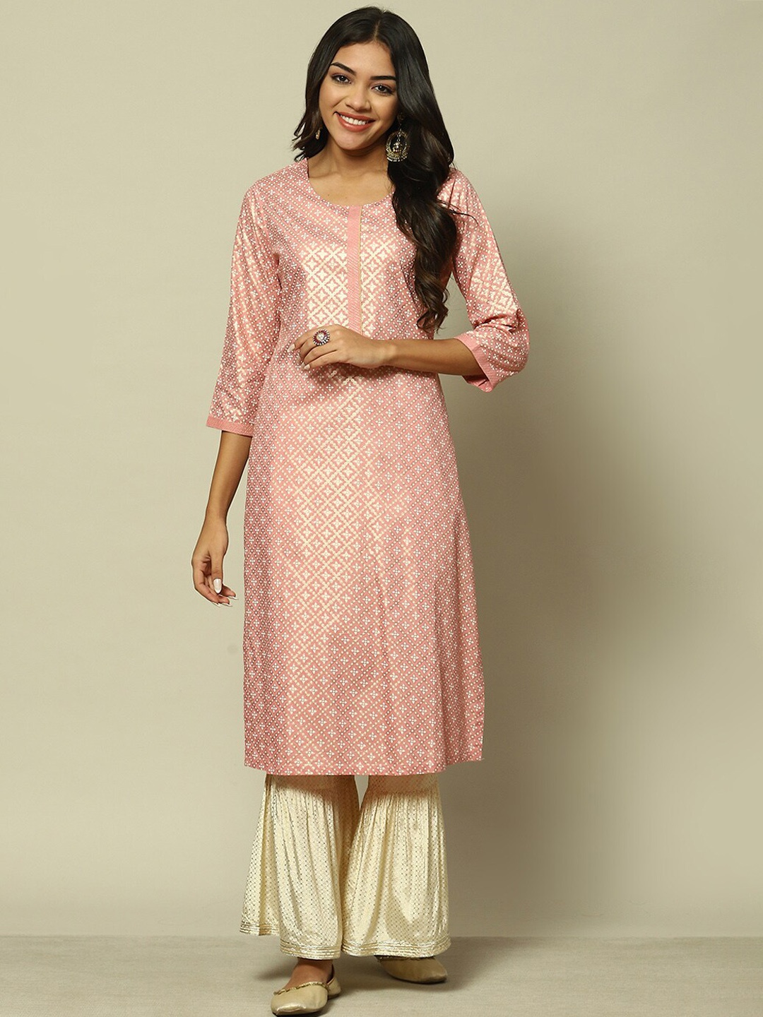 

Rangriti Ethnic Motifs Printed Round Neck Straight Regular Kurta, Peach