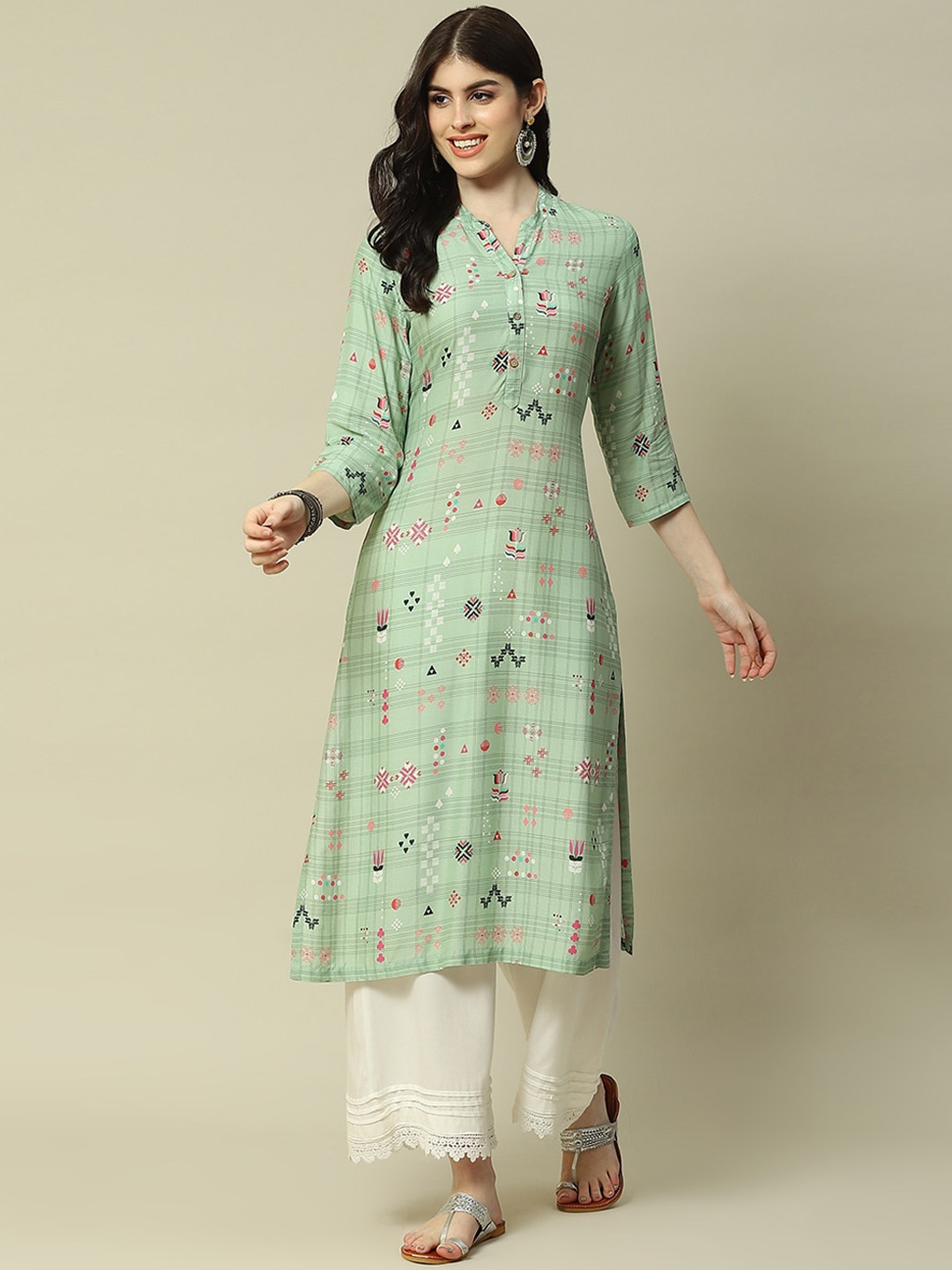 

Rangriti Geometric Printed Mandarin Collar Kurta, Green