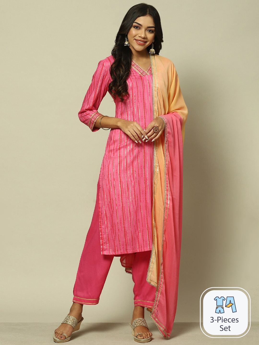 

Rangriti Striped Regular Gotta Patti Kurta With Palazzos, Pink