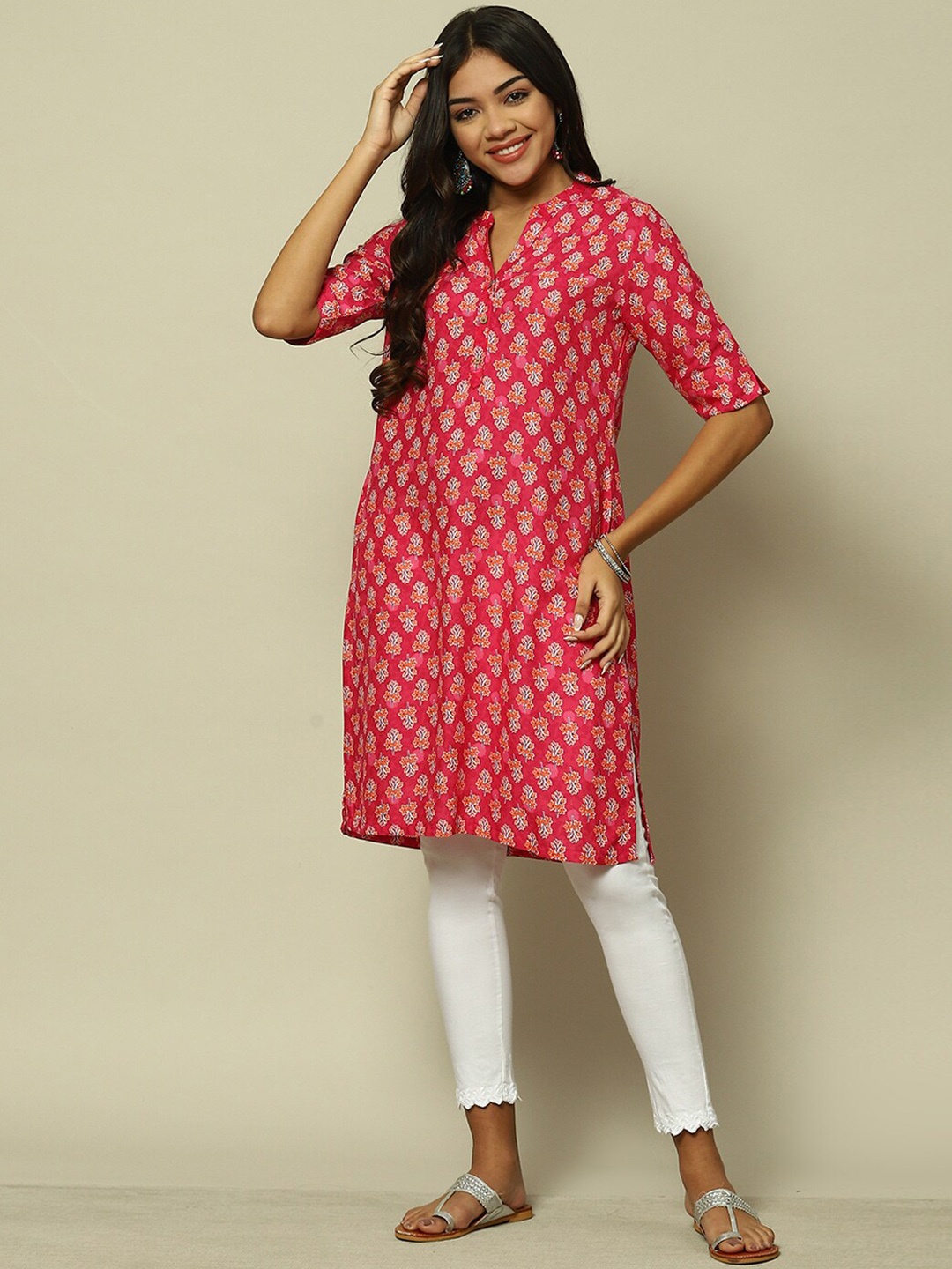 

Rangriti Floral Printed Mandarin Collar Straight Kurta, Pink